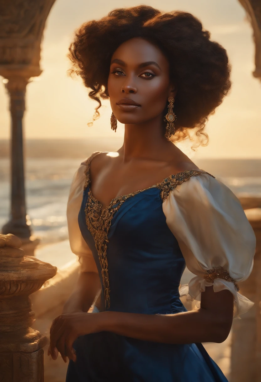 chimamanda skin, detailed beautiful woman, golden hair, medium, wavy, windy hair in a loose bun, detaiiled perfect dark blue eyes, delicate symmetric realistic and beautiful face, (sunny seaside background), regency lady dress, fairy, full body, masterpiece, fine detail, rich colors, dramatic lighting, extremely detailed, cinematic lighting hyperdetailed painting, luminism, Bar lighting, complex, 4k resolution concept art portrait by Greg Rutkowski, Artgerm, WLOP, Alphonse Mucha, little fusion pojatti realistic goth: a stunning realistic photograph 20 years