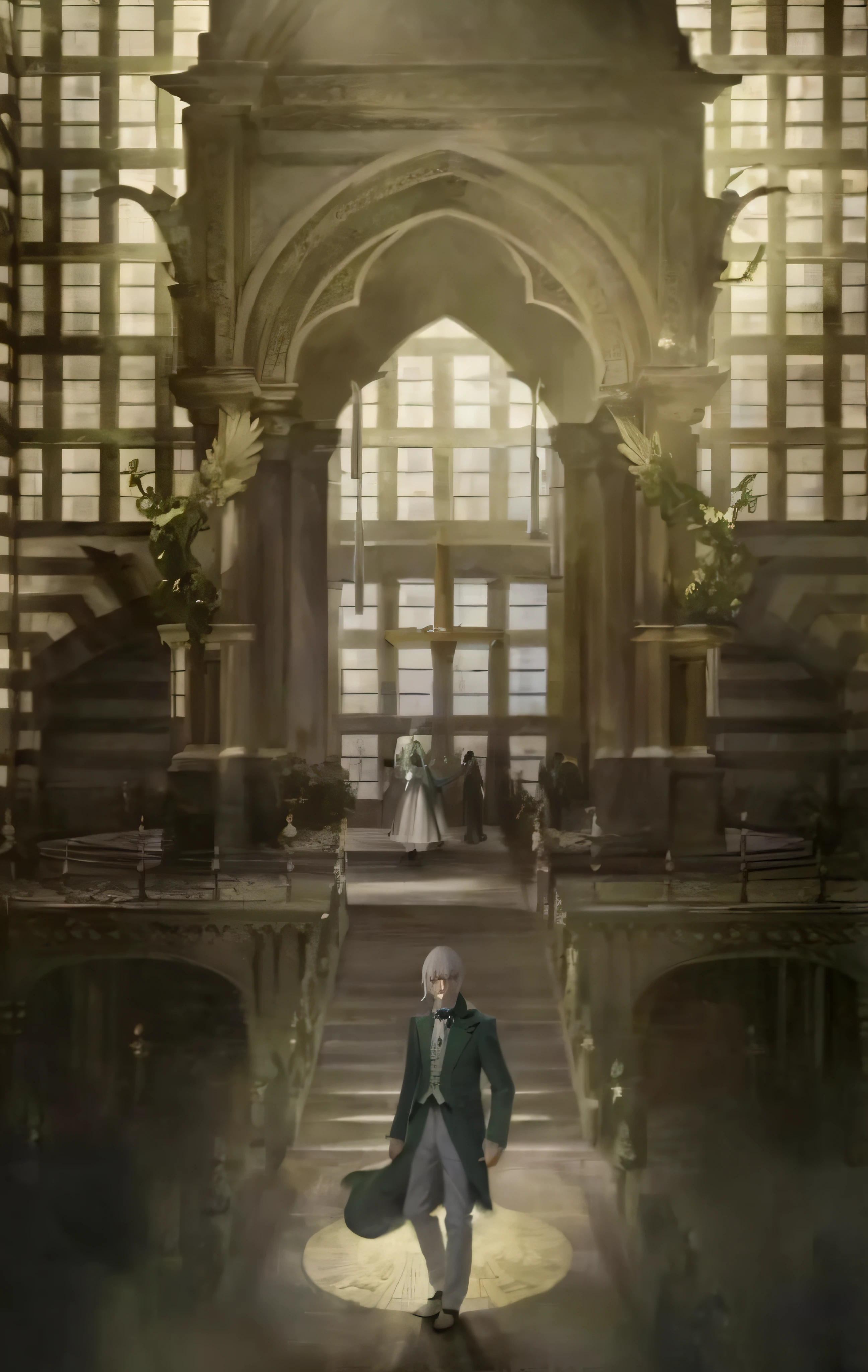 A magician dressed in white and green stands on the bridge in front of the church,white color hair,Green eyes,Holds a wand in his left hand,Behind him are the church gates and curtain walls