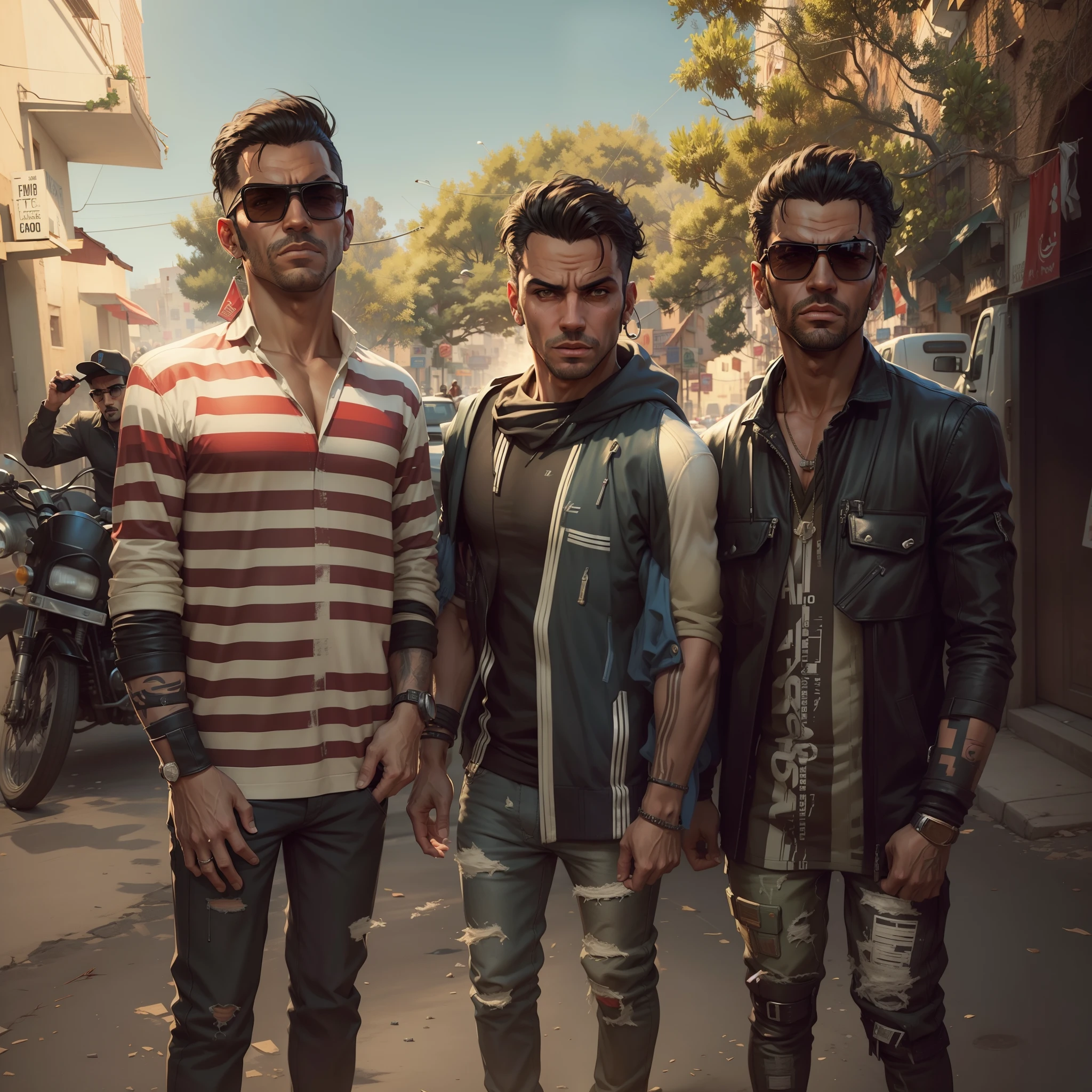 Image of a group of Moroccan men walking down a street in Marrakech, les mains dans les poches, Dressed in Super Mario T-shirts , 2D Game Art GTA Cover, 2 D Game Art GTA Cover, Style artistique GTA, Grand Theft Auto Style, Style artistique GTA, Style de GTA V, 2D Game Art GTA5 Cover, Affiche du jeu, Style GTA, style of gta v artworks, Couverture GTA, gta loading screen art