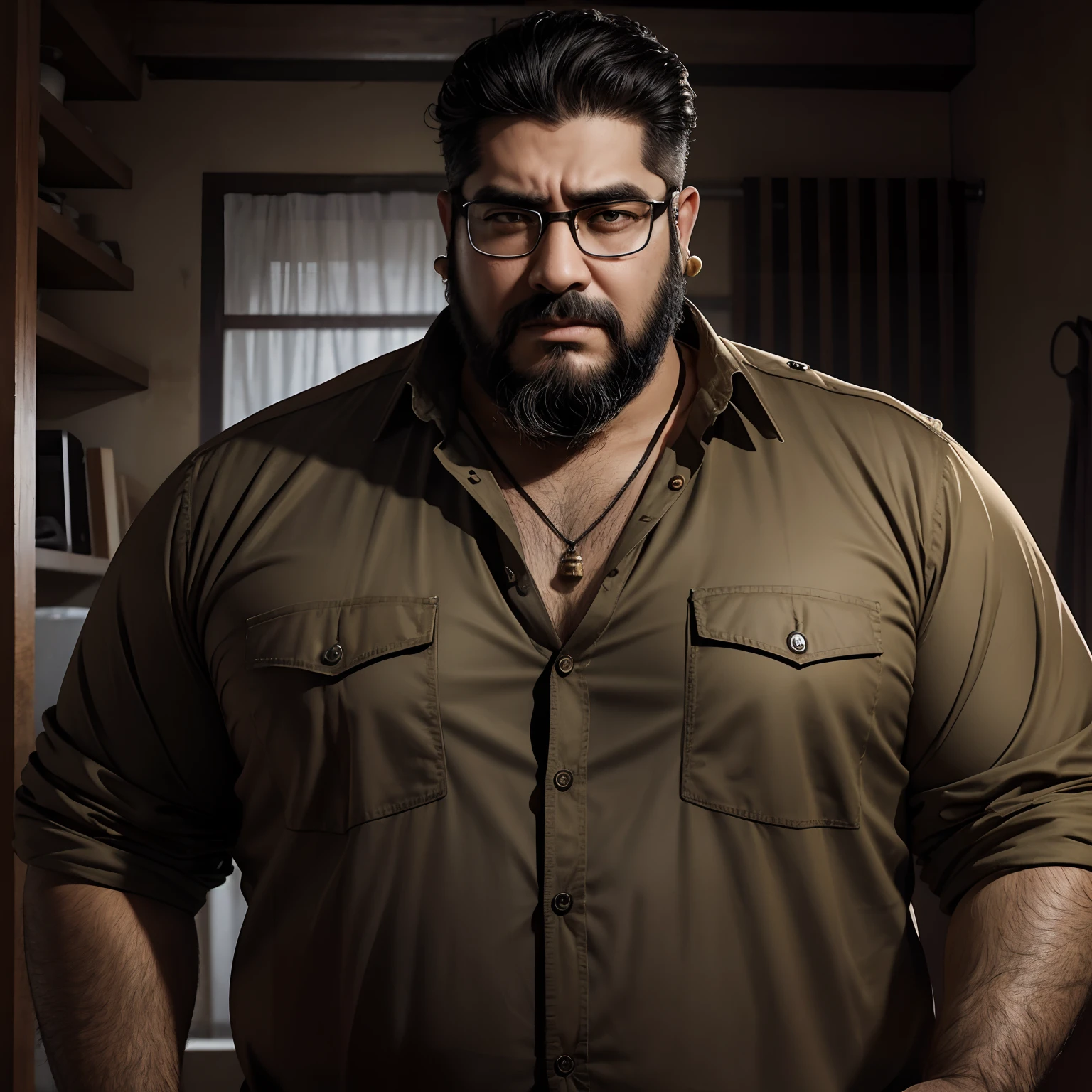 Realistic photo, man 35 years, long beard, short hair, military hair, black eyes, brown skin, earring in ear with pendant, long button-down shirt, fat body, serious face, Arab appearance, glasses