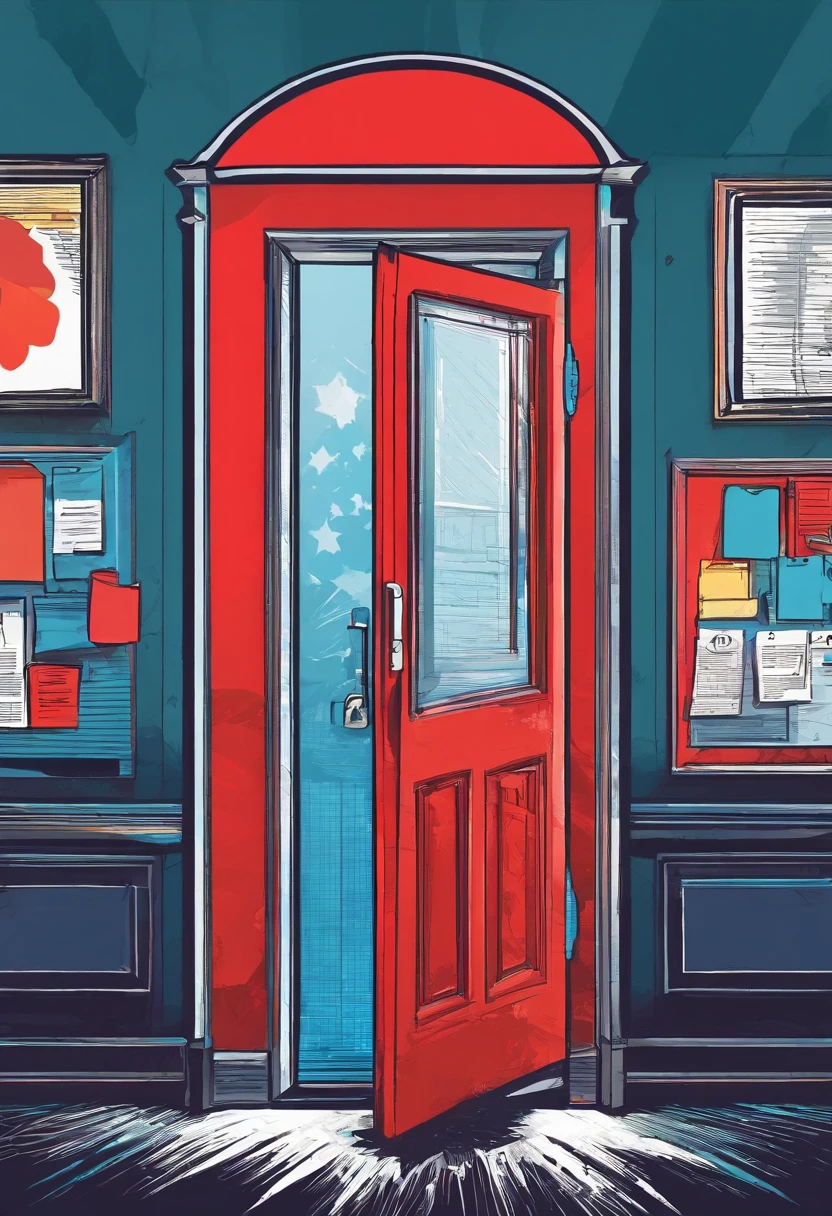 in a poorly lit classroom, the person with opened the door halfway and looked out, outside there was a red and blue cloud,