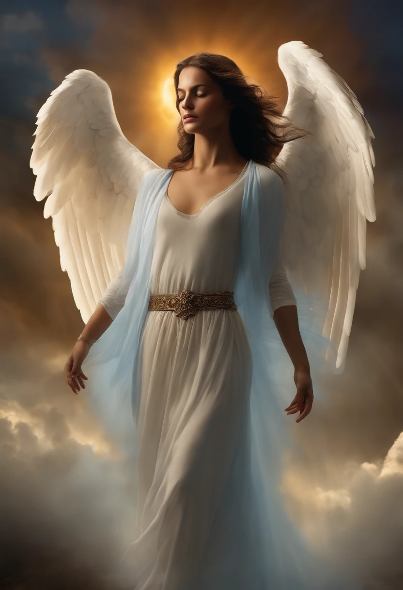 Crie uma imagem realista , Where an angel with great wings descends from the heavens above hovering like a saint. the image needs to reflect the passage in the Bible where Paul describes his rapture, segurando espada, arcanjo miguel, cor azul