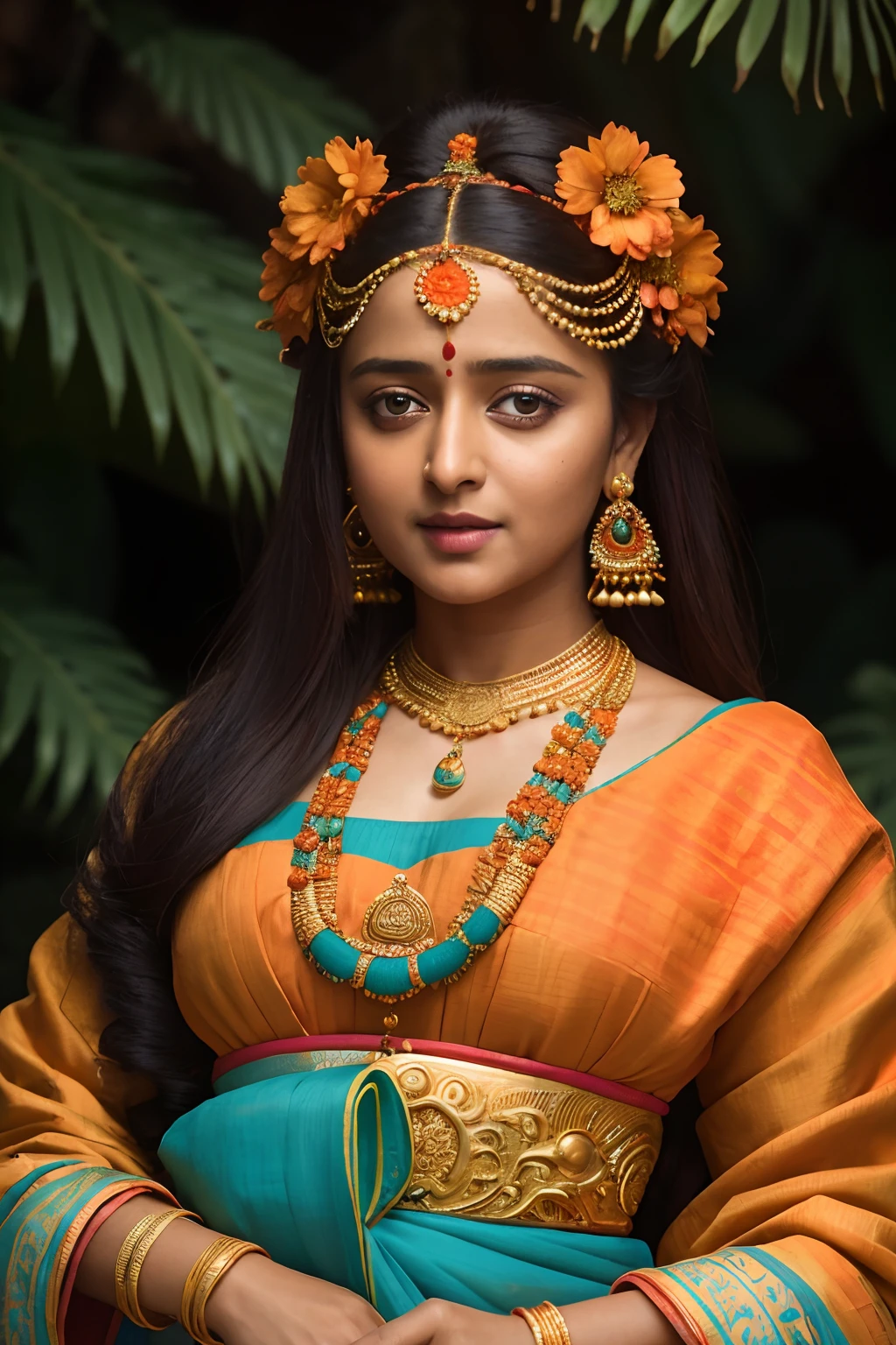 Looks like Anushka Shetty, a close up of a woman in a colorful dress with a flower in her hair, extremely gorgeous woman, matchless beauty, queen, very beautiful enga style, with colourful intricate, candid shot, traditional beauty, candid picture, orange details, wearing intricate, candid portrait photo, with kerala motifs, wearing an elegant tribal outfit, orange and turquoise, orange and teal color, * colour splash *, traditional, stunning visual,