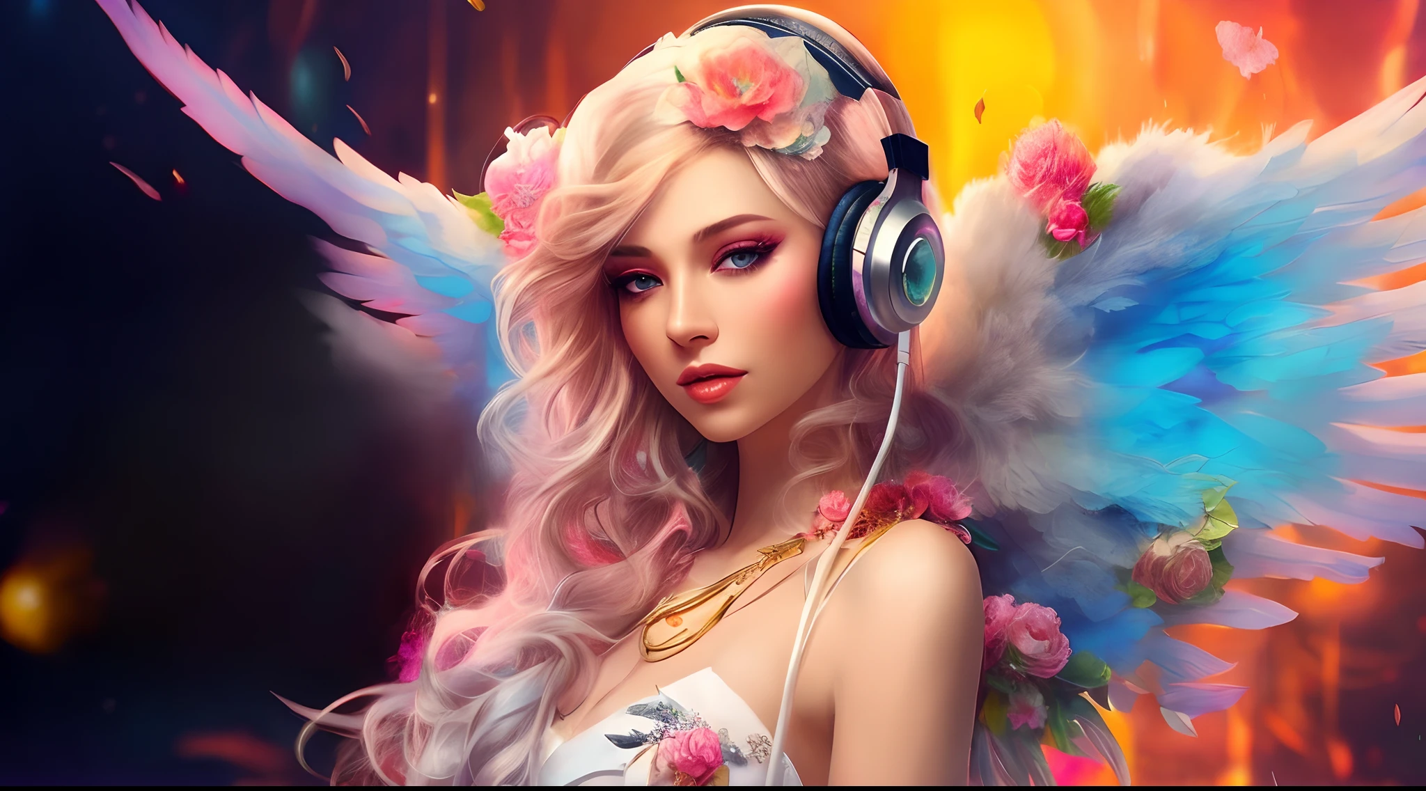 a close up of a woman with headphones on and a flower crown, beautiful digital artwork, colorfull digital fantasy art, digital fantasy art ), digital art fantasy, digital art fantasy art, karol bak uhd, gorgeous digital art, digital art high quality, beautiful digital art, beautiful art uhd 4 k, beautiful gorgeous digital art, background artwork, digital fantasy art