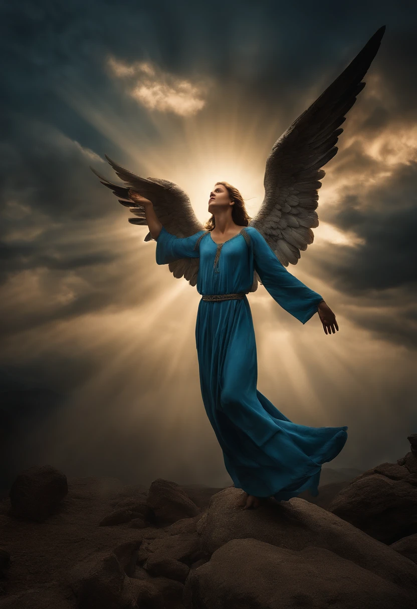 Crie uma imagem realista , Where an angel with great wings descends from the heavens above hovering like a saint. the image needs to reflect the passage in the Bible where Paul describes his rapture, holding sword in right hand, arcanjo miguel, cor azul