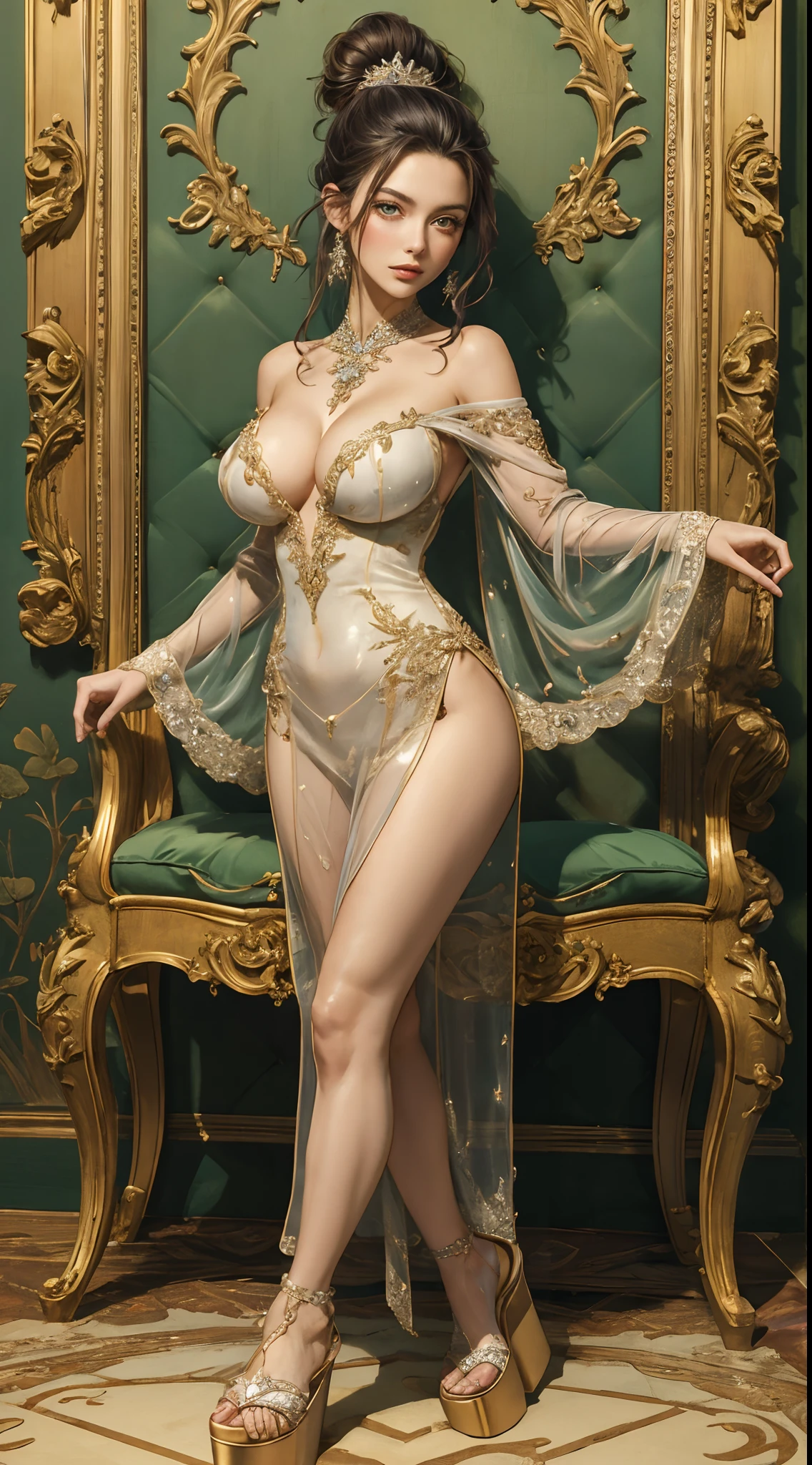 (Masterpiece, hiquality, absurdress) 1Woman, black hair, messy bun hair, Green eyes, a perfect face, amazing body, big breasts, ((Best Quality)), ((Masterpiece)), (Detailed:1.4), a perfect face, amazing body, big breasts, seductive gaze, bossy, Transparent combination dress, Shimmering, glittering, Crystal ornament, swarovski style, carve, off-shoulder, Platform sandals, Luxury bedroom background, Ready to watch