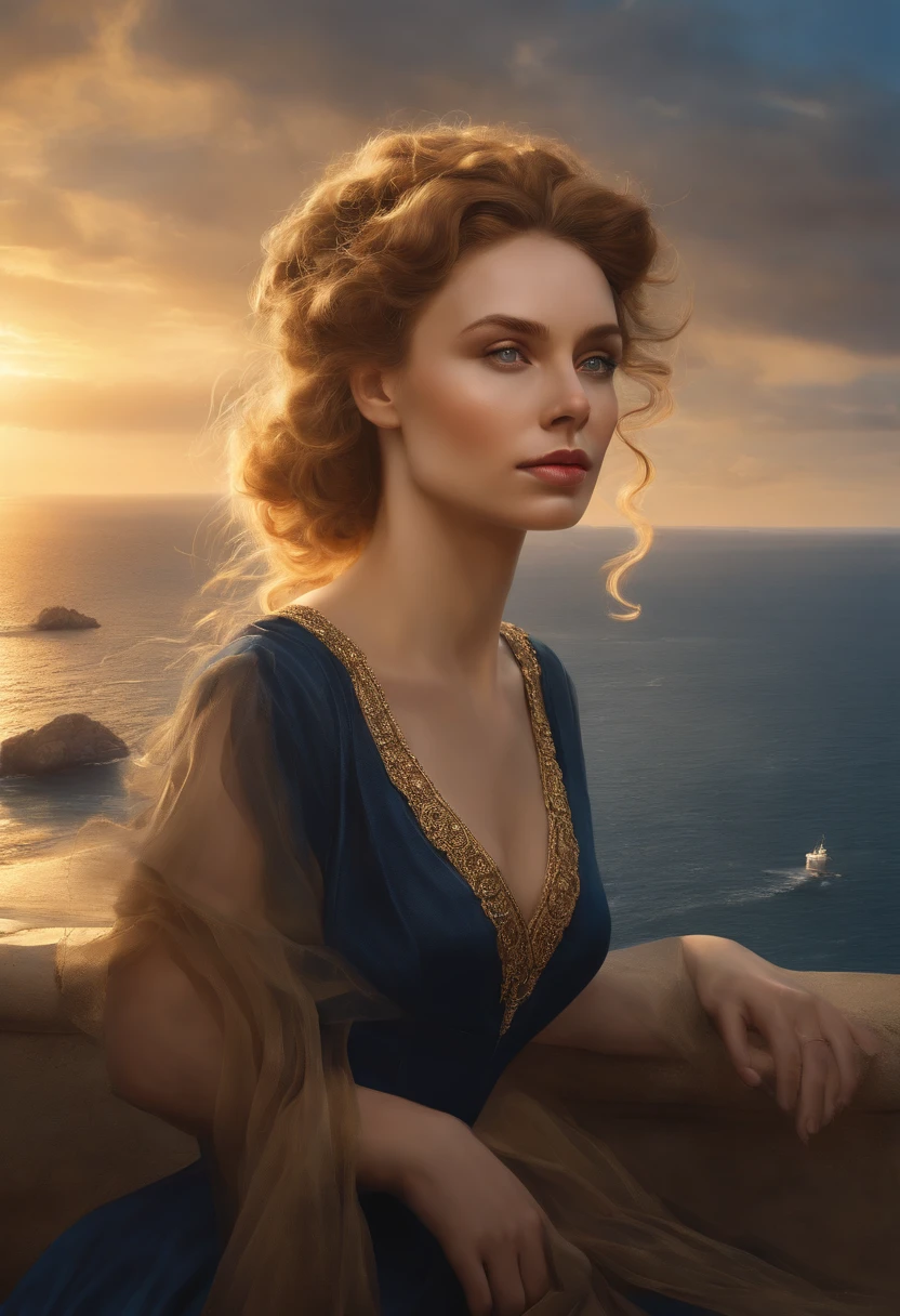 chimamanda skin, detailed beautiful woman, golden hair, medium, wavy, windy hair in a loose bun, detaiiled perfect dark blue eyes, delicate symmetric realistic and beautiful face, (sunny seaside background), regency lady dress, fairy, full body, masterpiece, fine detail, rich colors, dramatic lighting, extremely detailed, cinematic lighting hyperdetailed painting, luminism, Bar lighting, complex, 4k resolution concept art portrait by Greg Rutkowski, Artgerm, WLOP, Alphonse Mucha, little fusion pojatti realistic goth: a stunning realistic photograph 20 years