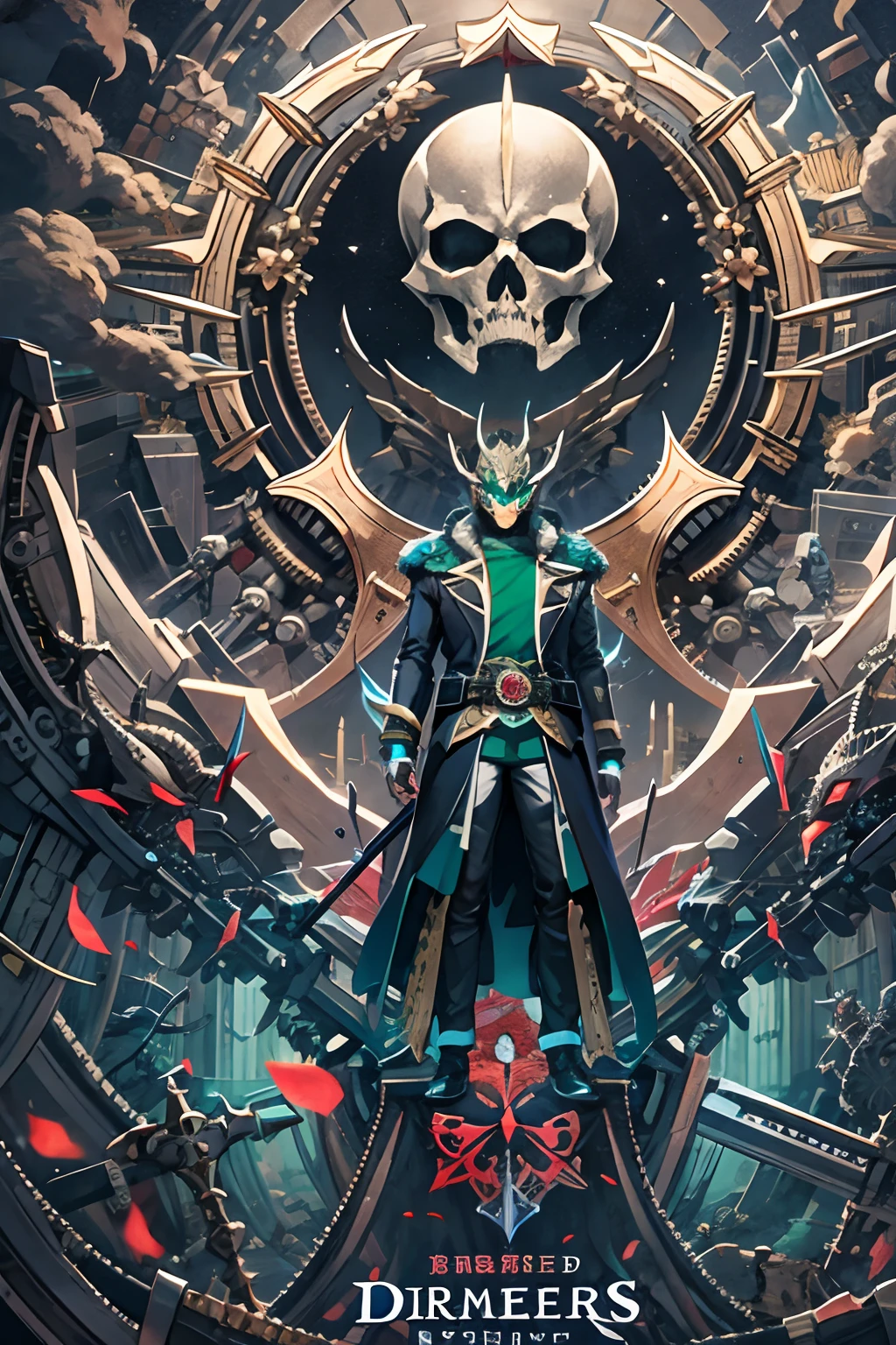 fanciful,Epic,Illustration in movie poster style,The strongest king,Rule the Grim Reaper,Frost Dragon Kamen Rider(Hyper-detailing),Master of martial arts,blue color eyes,(Burning fur coat),Pubic hair shows through(Mechanical skeleton),(the detail:1.2),Side Body,Mechanical details:1.2,Majesty,Domineering,Faraway view,With dynamic and magical backgrounds,Features prominent and well-designed typographic elements,Epic title,Glowing runes,Highest quality