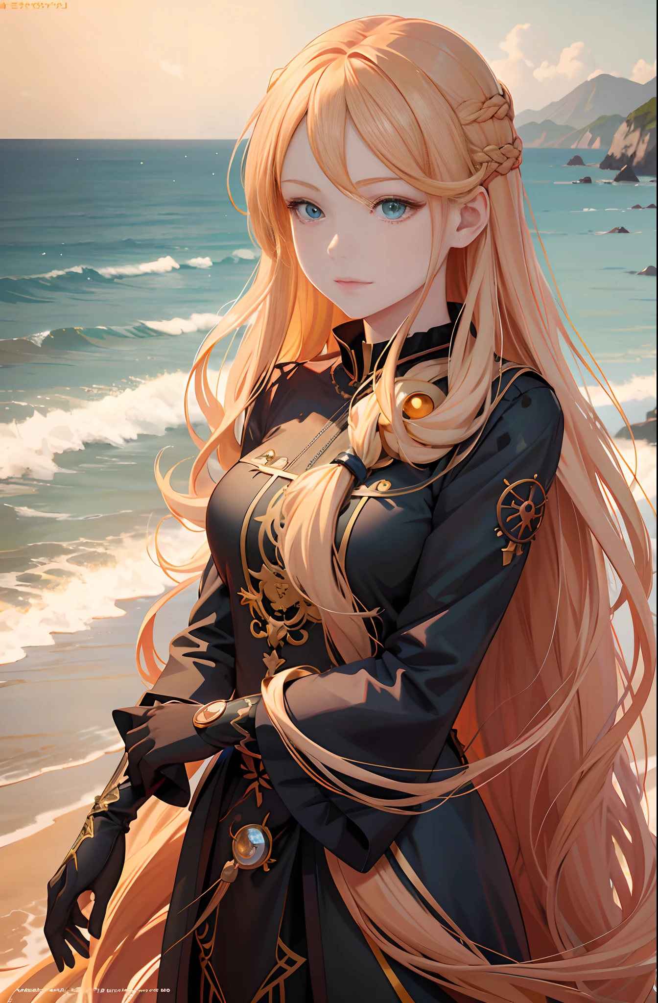 anime girl with long orange hair standing on beach near ocean, green eyes, fixed eyes, detailed digital anime art, blonde anime girl with long hair, beautiful anime portrait, smooth anime cg art, digital anime art, anime girl with long hair, artwork in the style of guweiz, beautiful anime girl, photorealistic anime girl render, advanced digital anime art, beautiful anime woman, beautiful digital artwork