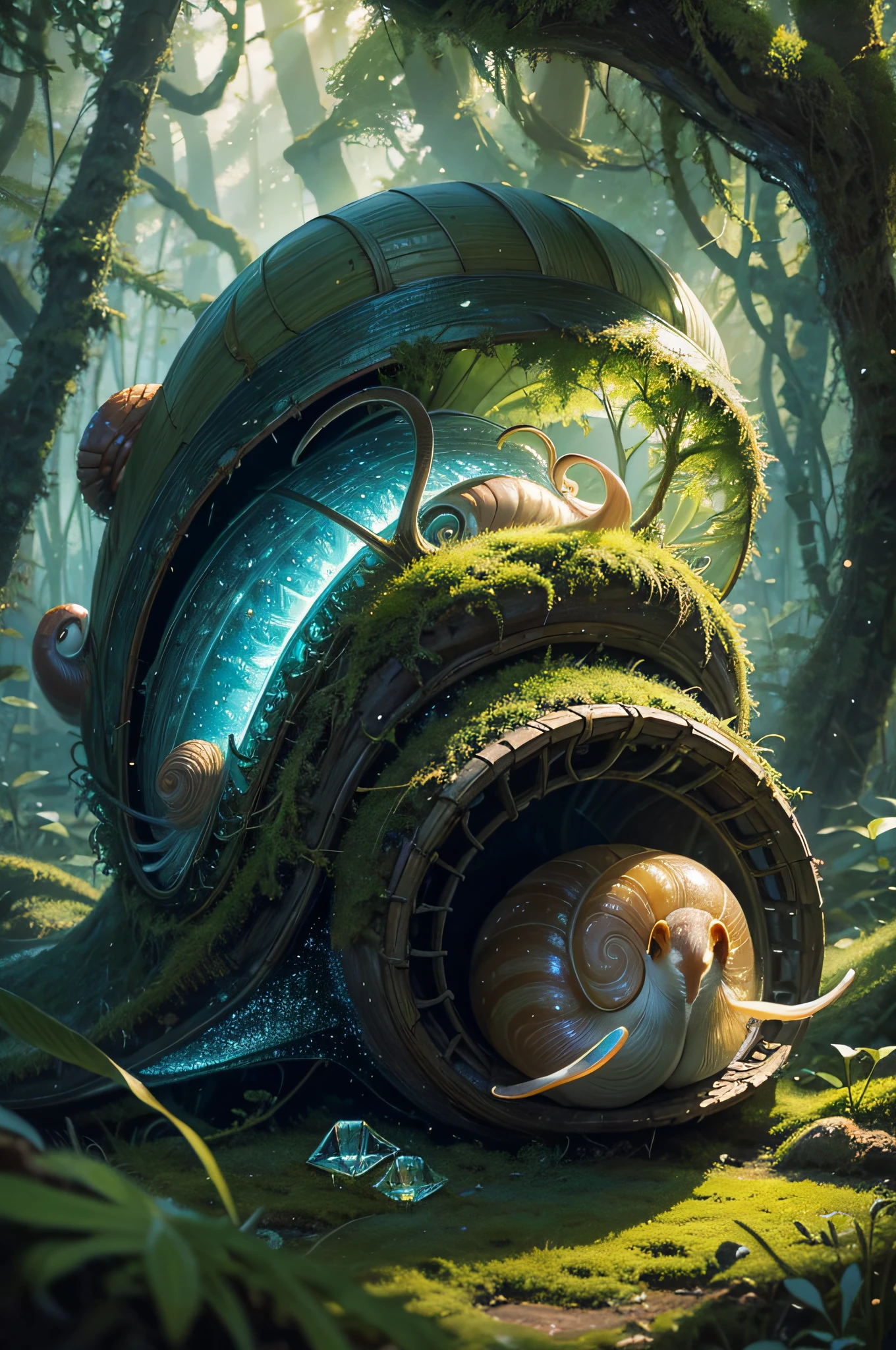 An oil painting depicting a serene snail's journey through a moss-covered forest, guided by the soft glow of bioluminescent fractals that illuminate its path. The snail's shell glistens like a precious crystal as it explores the mystical woodland.