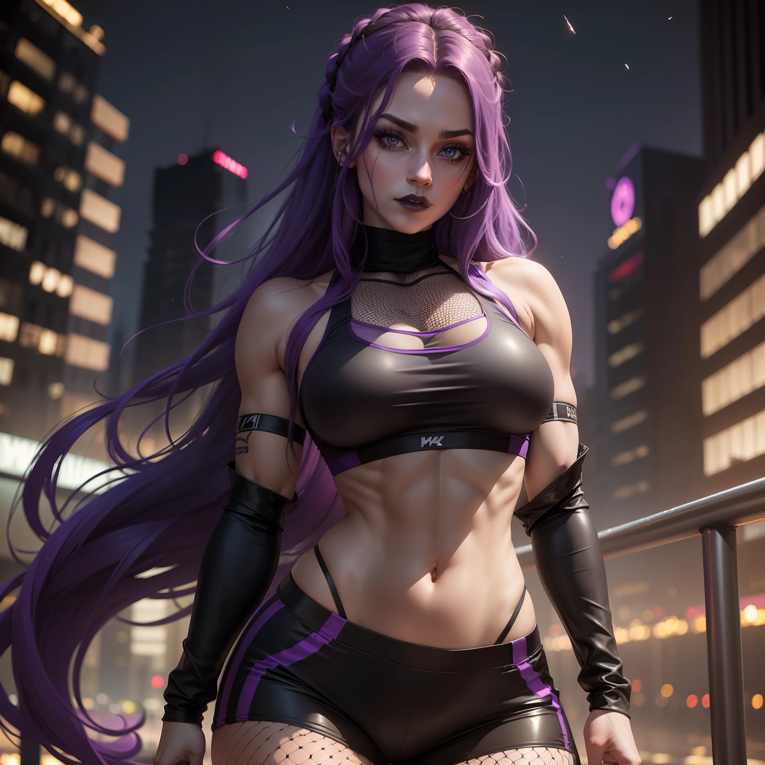 1girl, 24 years old german girl, (muscular:0.7), long purple hair, black lipstick, midriff, black sports bra, (fishnet shirt) , black tracksuit pants, labret, tall, wide waist, wide shoulders, night cityscape, blurry background, photorealistic, average breasts, fit thighs