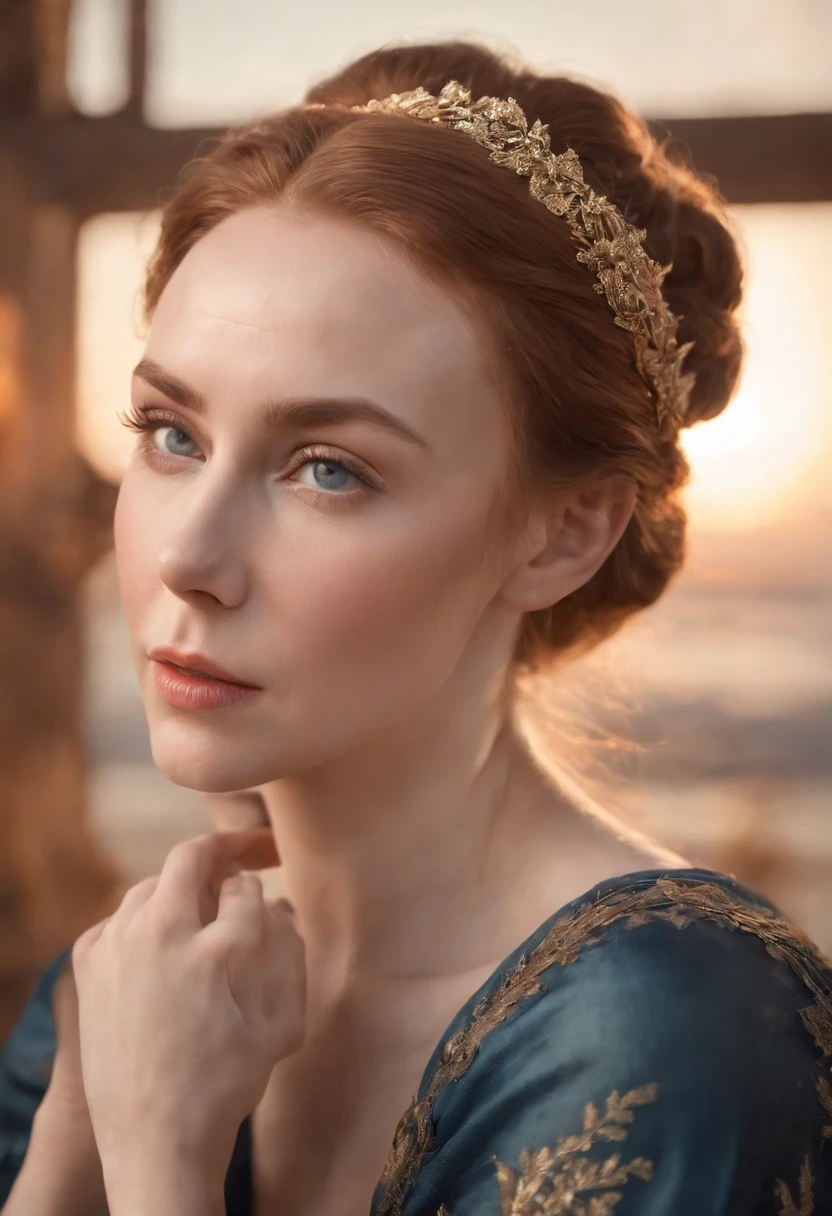 chimamanda skin, detailed beautiful woman, golden hair, medium, wavy, windy hair in a loose bun, detaiiled perfect dark blue eyes, delicate symmetric realistic and beautiful face, (sunny seaside background), regency lady dress, fairy, full body, masterpiece, fine detail, rich colors, dramatic lighting, extremely detailed, cinematic lighting hyperdetailed painting, luminism, Bar lighting, complex, 4k resolution concept art portrait by Greg Rutkowski, Artgerm, WLOP, Alphonse Mucha, little fusion pojatti realistic goth: a stunning realistic photograph 20 years