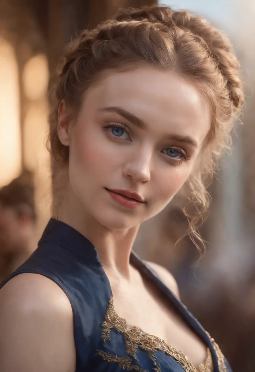 chimamanda skin, detailed beautiful woman, golden hair, medium, wavy, windy hair in a loose bun, detaiiled perfect dark blue eyes, delicate symmetric realistic and beautiful face, (sunny seaside background), regency lady dress, fairy, full body, masterpiece, fine detail, rich colors, dramatic lighting, extremely detailed, cinematic lighting hyperdetailed painting, luminism, Bar lighting, complex, 4k resolution concept art portrait by Greg Rutkowski, Artgerm, WLOP, Alphonse Mucha, little fusion pojatti realistic goth: a stunning realistic photograph 20 years