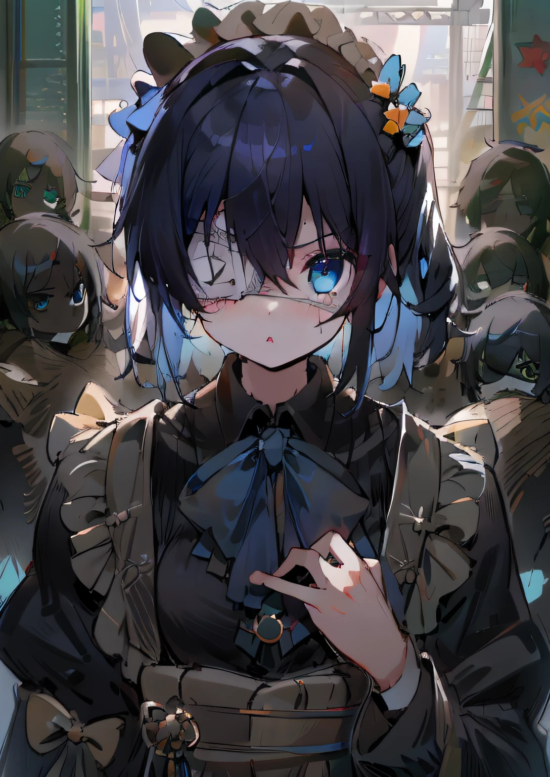 high res, masterpiece,Rikka Takanashi, black hair, solo, 1girl,outside,deatailed background, detailed eyes, ((blue eyes)), eyepatch