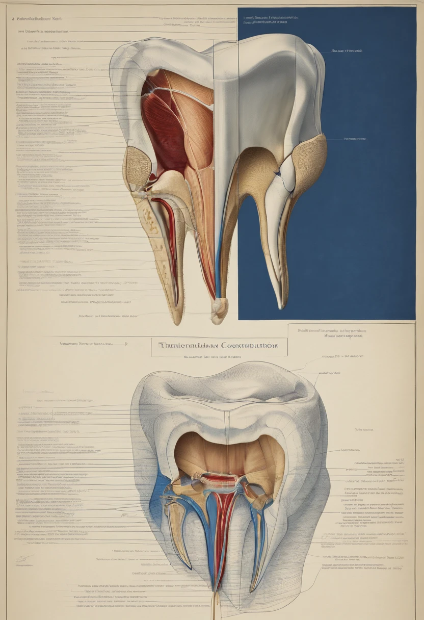 Schematic of the internal and external constitution of a tooth with a dark blue background