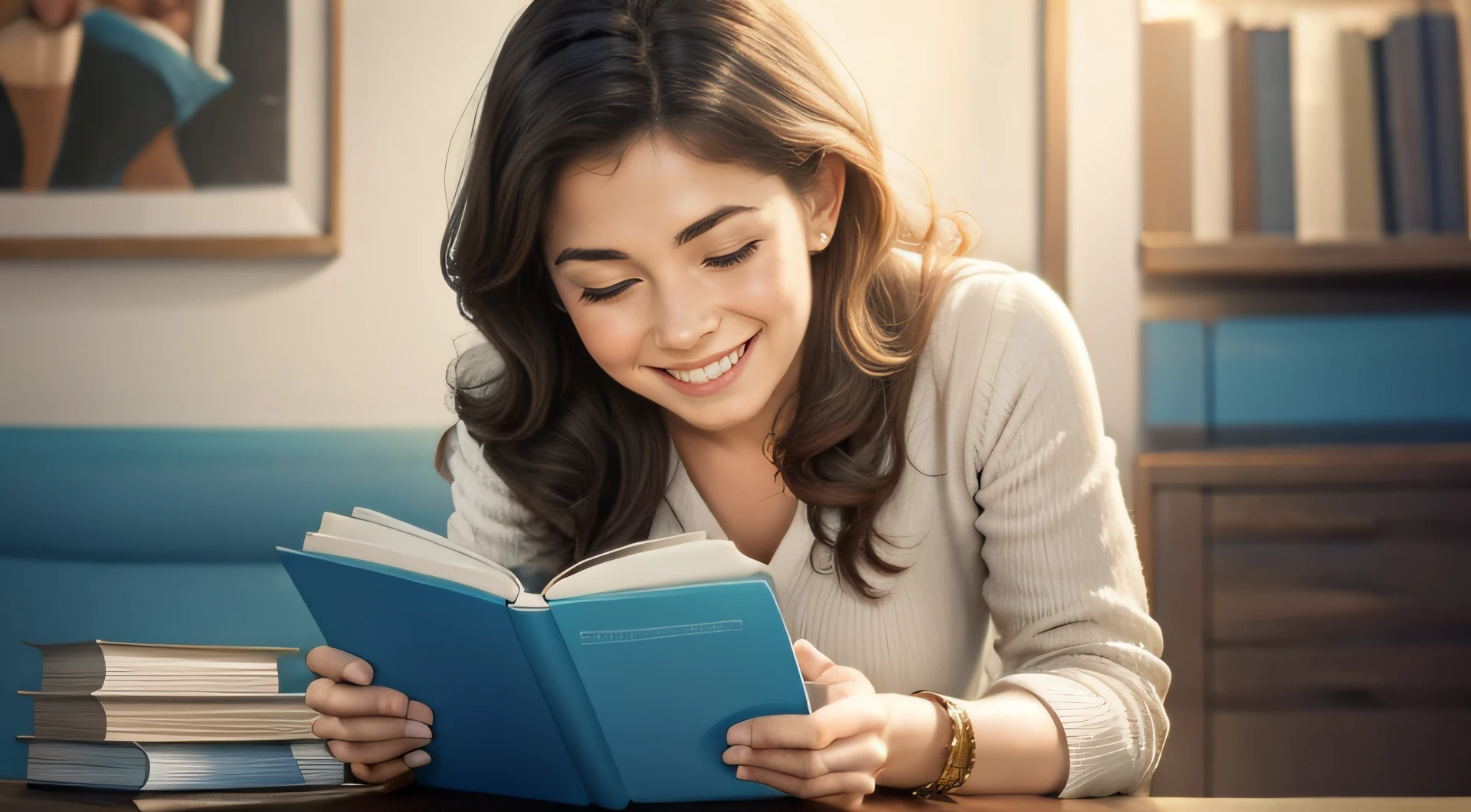 woman reads a funny book, smiles in thought, photorealistic illustration
