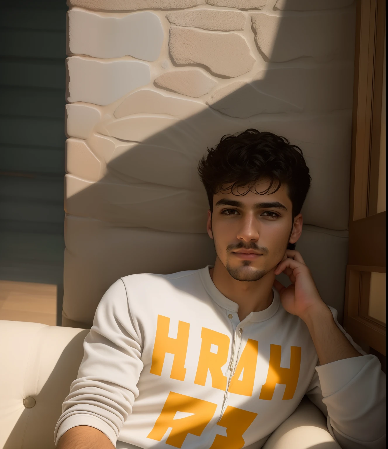 there is a man sitting on a couch with a cell phone, enes dirig, 19 years old, profile pic, light facial hair,profile image,(realistic:1.3), finely detailed, quality, rembrandt lighting, (masterpiece:1.2), (photorealistic:1.2), (best quality), (detailed skin:1.3), (intricate details), dramatic, ray tracing,Masterpiece, award winning photo, extremely detailed, amazing, fine detail, extremely detailed eyes and face, 4 kodak portra 400 camera f1.6 lens rich colors hyper realistic lifelike texture dramatic lighting unrealengine trending on artstation cinestill 800 tungsten, beautiful man, short black hair, posing for a picture , perfect face, perfemsitting