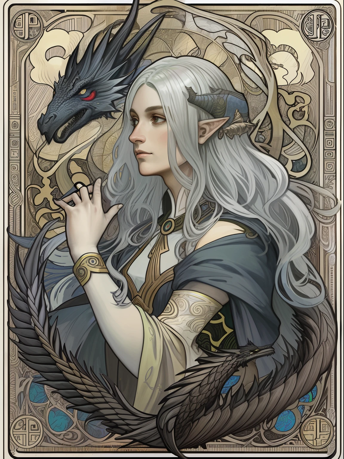 (flat heart:1.1),(Colouring:1.3),(master part:1.2), melhor qualidade, master part, Original, 1 very detailed wallpaper of a black-skinned, white-haired elf with a three-headed black dragon,fundo negro,tarot card layout,melhor qualidade, master part, (Realistic:0.6), realistic lighting,Quadro de fogo negro, decorative panels, abstract art, Alphonse Mucha (tmasterpiece, melhor qualidade, A high resolution: 1.4), um detalhado, Detalhes complicados, 4k,azul, arte de linha, Fibonacci