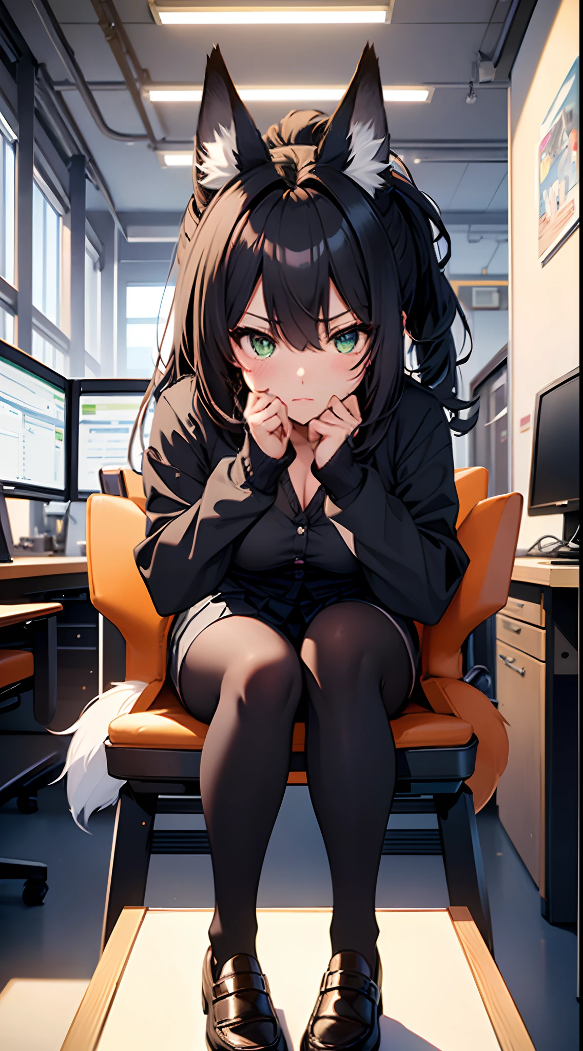 /(Modern office indoors/), (masterpiece, best quality:1.4), 1girl, solo, petite, (an extremely beautiful and delicate), green eyes, fox ears, (black fox tail:1.2),long black hair, medium hair, hair between eyes, ponytail, medium breasts, business suit,button gap, black skirt, kneehigh socks, loafers, indoors, office, cleavage, closed_mouth, large_breasts, long_hair, looking_at_viewer, navel, signature, solo, posing,thighs, tall female, on back, narrow waist, naughty face, flustered, surprised,(masterpiece, best quality:1.4),high quality, highly detailed,detailed,perfect,sitting, on chair,
