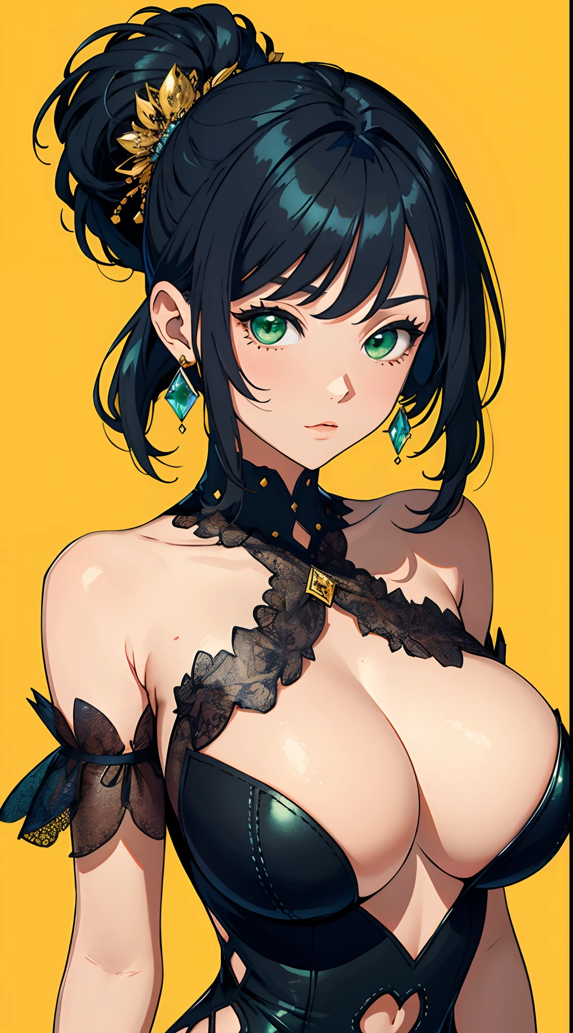 (Masterpiece, hiquality, absurdress) 1Woman, black hair, messy bun hair, Green eyes, a perfect face, amazing body, big breasts, ((Best quality)), ((masterpiece)), (detailed:1.4), perfect face, amazing body, big breasts, seductive look, bossy, slip transparent dress, shimmering, glittering, crystal ornament, Swarovski style, cut out, off shoulder, platform sandals, luxury bedroom background, ready for a make out