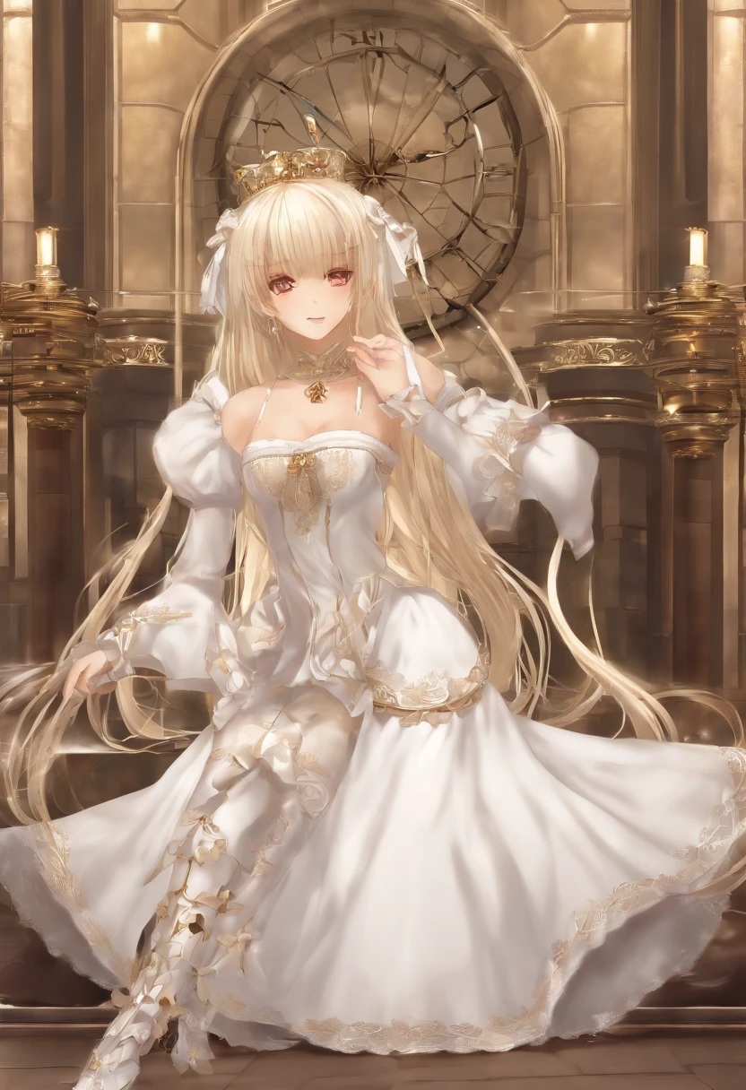 Master parts, Best quality, highly  detailed, highr, hdr,, chobits, chii, There is no feeling,, 1girll, soio, rim, bareshoulders, breasts, with brown eye, Clamp (circle of the crone) (styled), platinum blond hair;, Very long hair, robot ears, little breast, hair tubes,, maid, maid headdress, maid apronl, Victorian maid, enmaided dress,, MKSKS style, Lovely Backgrounds, detailedbackground, professional lightning, mansion, interiors, gold ornaments, golds, The impact of gold,