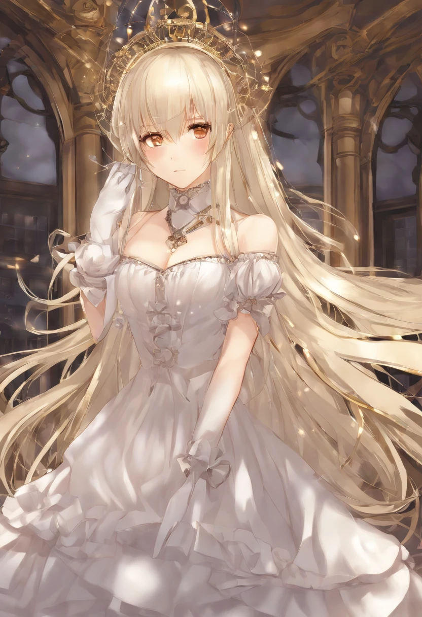 Master parts, Best quality, highly  detailed, highr, hdr,, chobits, chii, There is no feeling,, 1girll, soio, rim, bareshoulders, breasts, with brown eye, Clamp (circle of the crone) (styled), platinum blond hair;, Very long hair, robot ears, little breast, hair tubes,, maid, maid headdress, maid apronl, Victorian maid, enmaided dress,, MKSKS style, Lovely Backgrounds, detailedbackground, professional lightning, mansion, interiors, gold ornaments, golds, The impact of gold,