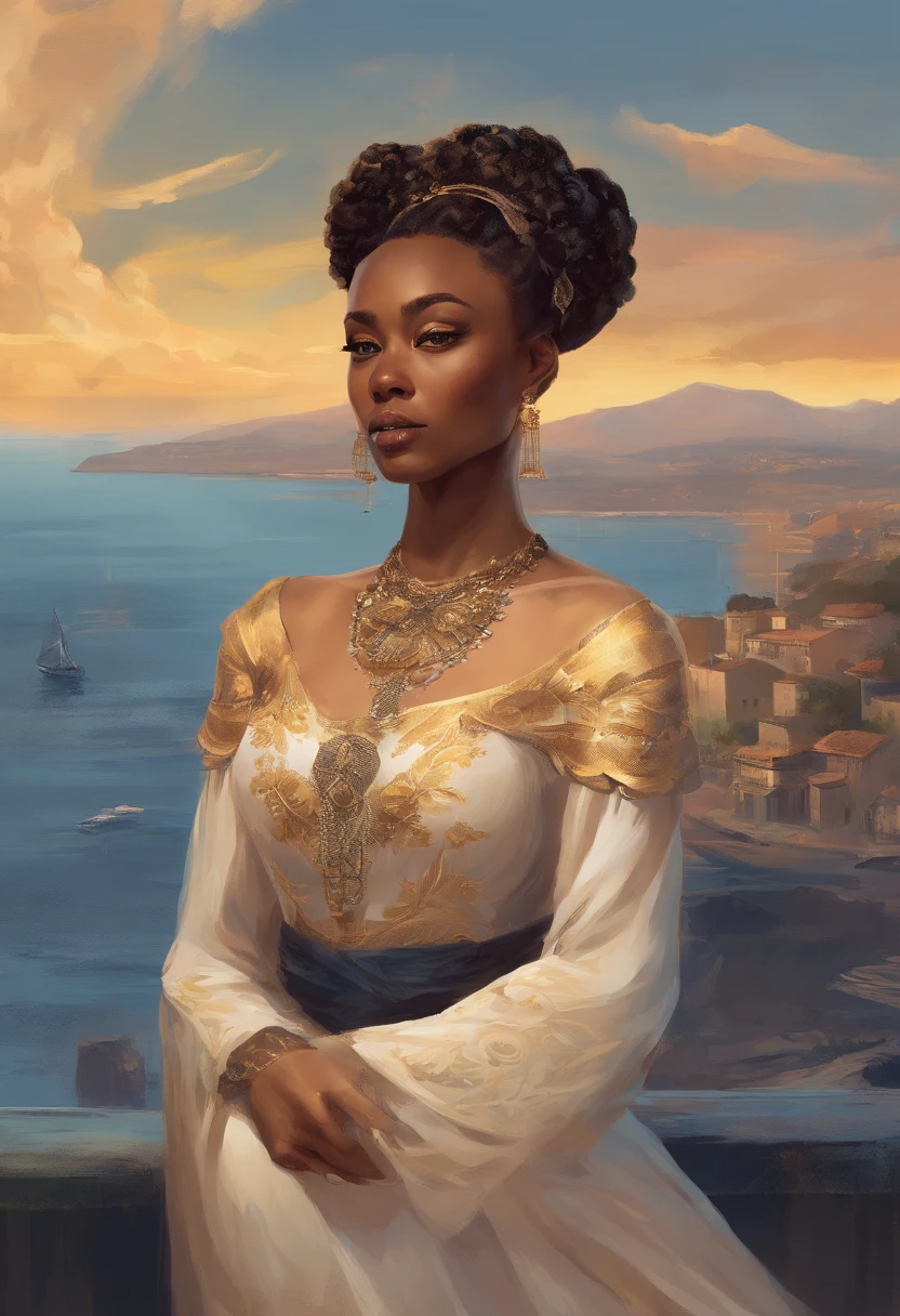 chimamanda skin, detailed beautiful woman, golden hair, medium, wavy, windy hair in a loose bun, detaiiled perfect dark blue eyes, delicate symmetric realistic and beautiful face, (sunny seaside background), regency lady dress, fairy, full body, masterpiece, fine detail, rich colors, dramatic lighting, extremely detailed, cinematic lighting hyperdetailed painting, luminism, Bar lighting, complex, 4k resolution concept art portrait by Greg Rutkowski, Artgerm, WLOP, Alphonse Mucha, little fusion pojatti realistic goth: a stunning realistic photograph 20 years