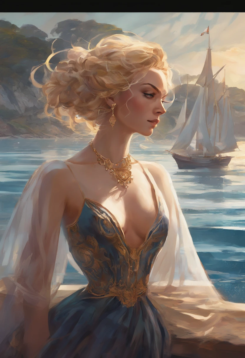chimamanda skin, detailed beautiful woman, golden hair, medium, wavy, windy hair in a loose bun, detaiiled perfect dark blue eyes, delicate symmetric realistic and beautiful face, (sunny seaside background), regency lady dress, fairy, full body, masterpiece, fine detail, rich colors, dramatic lighting, extremely detailed, cinematic lighting hyperdetailed painting, luminism, Bar lighting, complex, 4k resolution concept art portrait by Greg Rutkowski, Artgerm, WLOP, Alphonse Mucha, little fusion pojatti realistic goth: a stunning realistic photograph 20 years