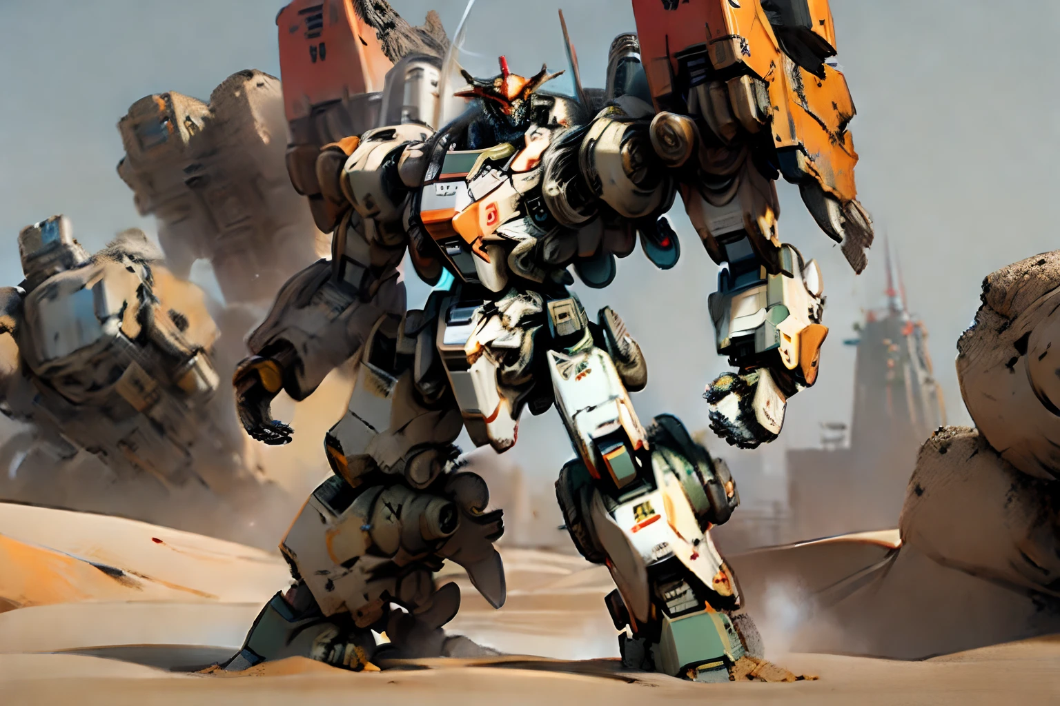 ((Mecha Space, Amored Core 6)), combatendo em um deserto com ruinas, mecha estilo jogo titanfall, Gunda pavio