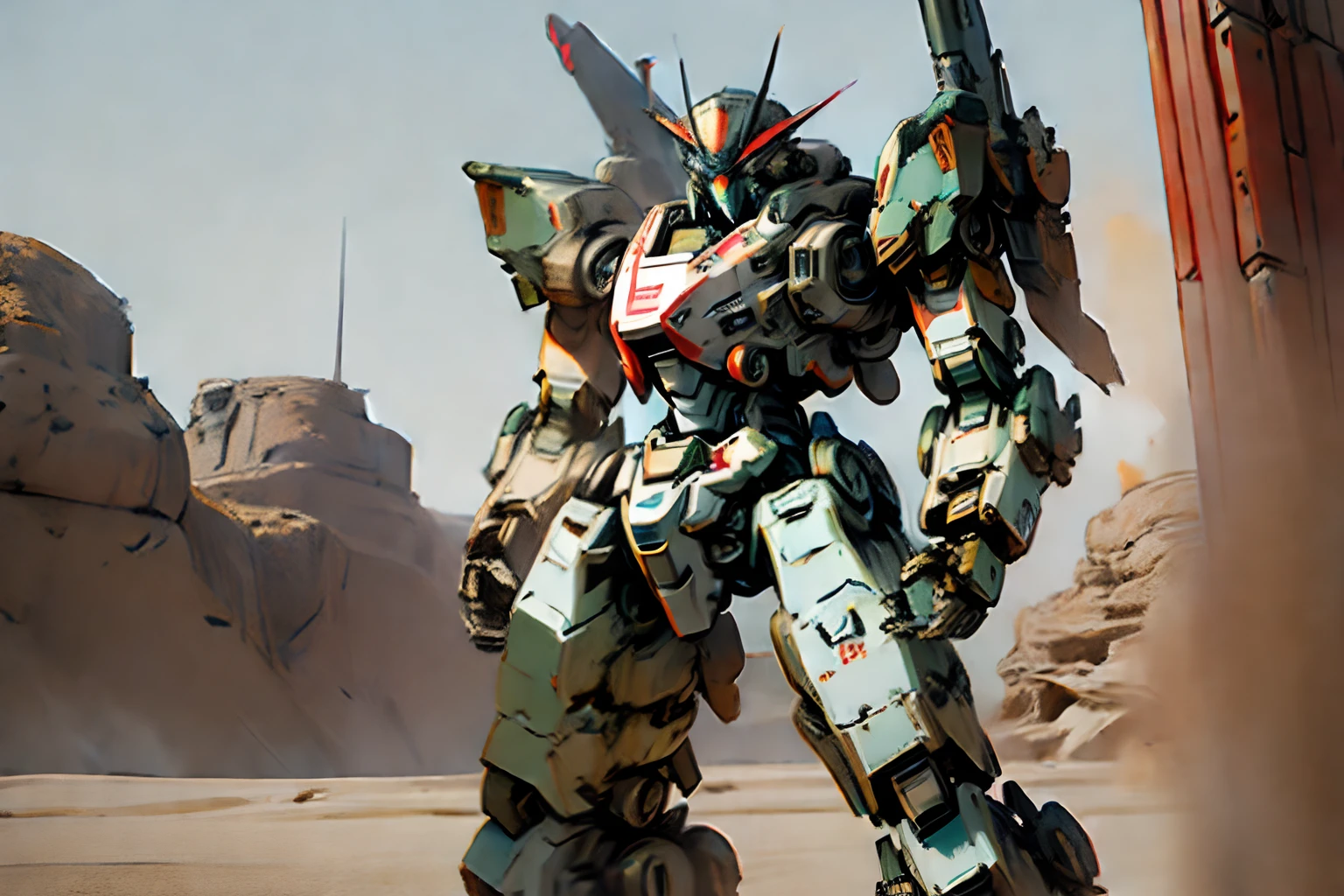 ((Mecha Space, Amored Core 6)), combatendo em um deserto com ruinas, mecha estilo jogo titanfall, Gunda pavio