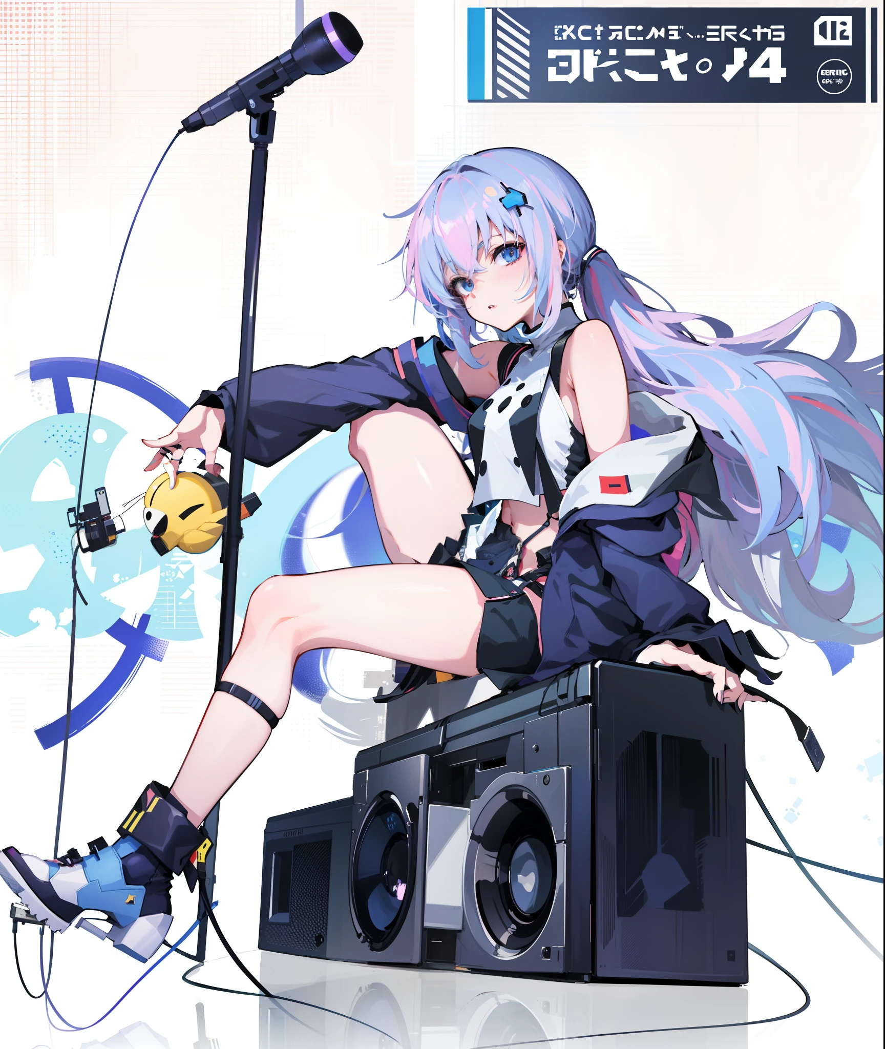 Anime - stylized image of a woman sitting on a speaker holding a microphone, nightcore, Official artwork, hq artwork, vocaloid, hololive, 2d art cover, From Arknights, An anime cover, 8K!, 2 d anime style, hack, Best anime 4k konachan wallpaper ，cyber punk perssonage