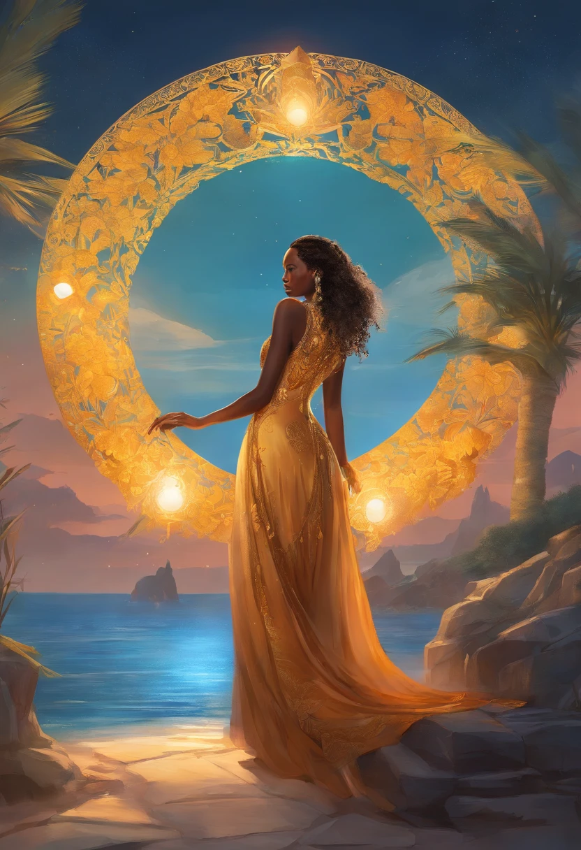 chimamanda skin, detailed beautiful woman, golden hair, medium, wavy, windy hair in a loose bun, detaiiled perfect dark blue eyes, delicate symmetric realistic and beautiful face, (sunny seaside background), regency lady dress, fairy, full body, masterpiece, fine detail, rich colors, dramatic lighting, extremely detailed, cinematic lighting hyperdetailed painting, luminism, Bar lighting, complex, 4k resolution concept art portrait by Greg Rutkowski, Artgerm, WLOP, Alphonse Mucha, little fusion pojatti realistic goth: a stunning realistic photograph 20 years