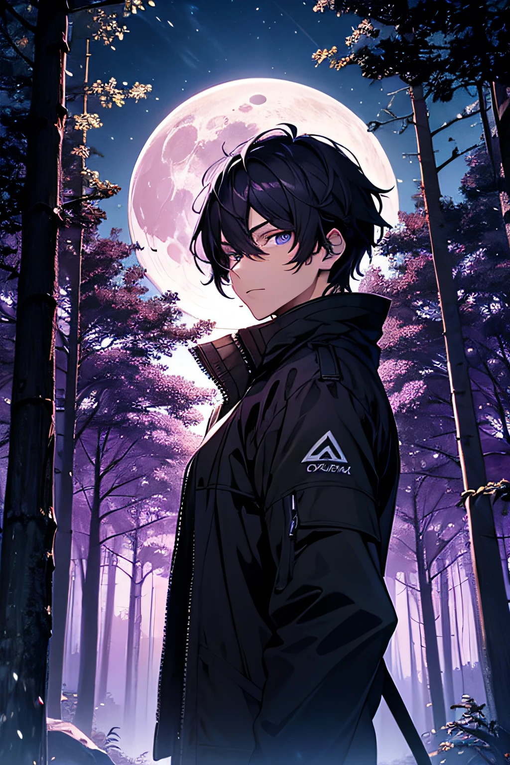 Dark Forest, night time, Purple moon in the sky, A 1 guy standing, black hair, purple blue eyes, in black jacket.