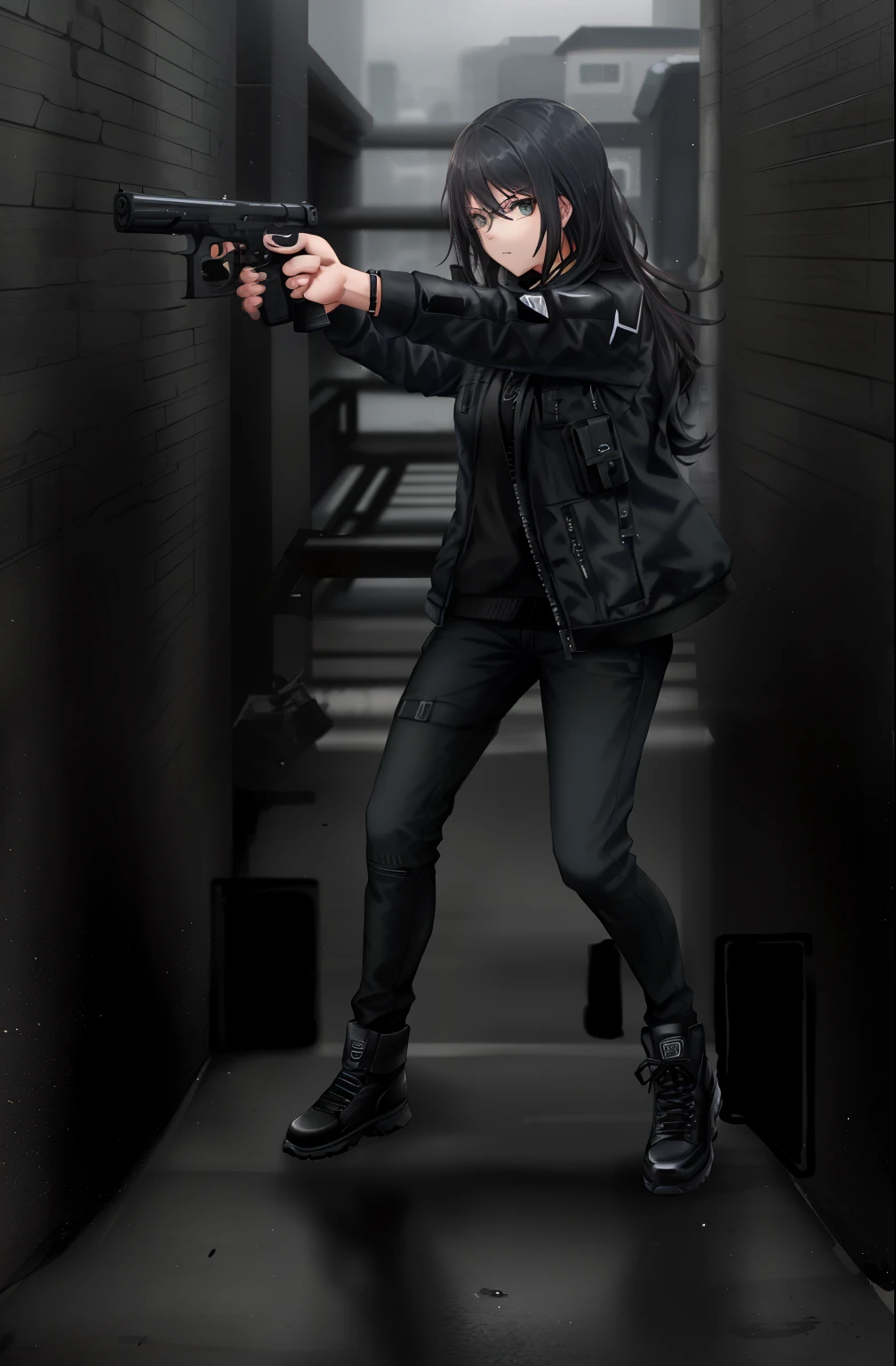 woman in black jacket holding a gun, an edgy teen assassin, shooting pose, photograph of a techwear woman, dramatic wielding gun pose, with pistol, female lead character, in an action pose, action glamour pose, full body action pose, action poses with weapons, cinematic full body shot, action pose, threatening pose, outfit: cop, hong kong city backdrop