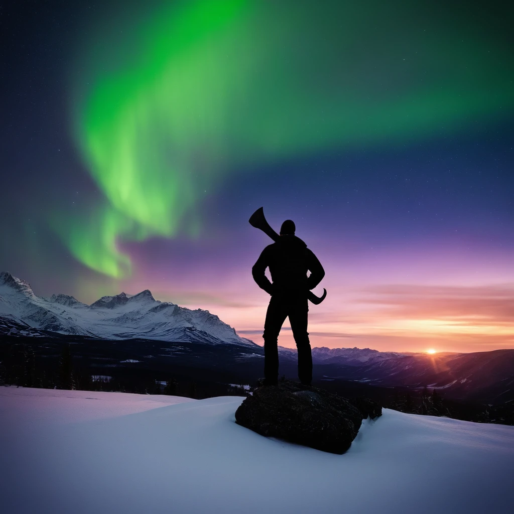 nigth, Aurora on the horizon, snow mountains, Thunder in the foreground, silhouette of man,Axe in one hand