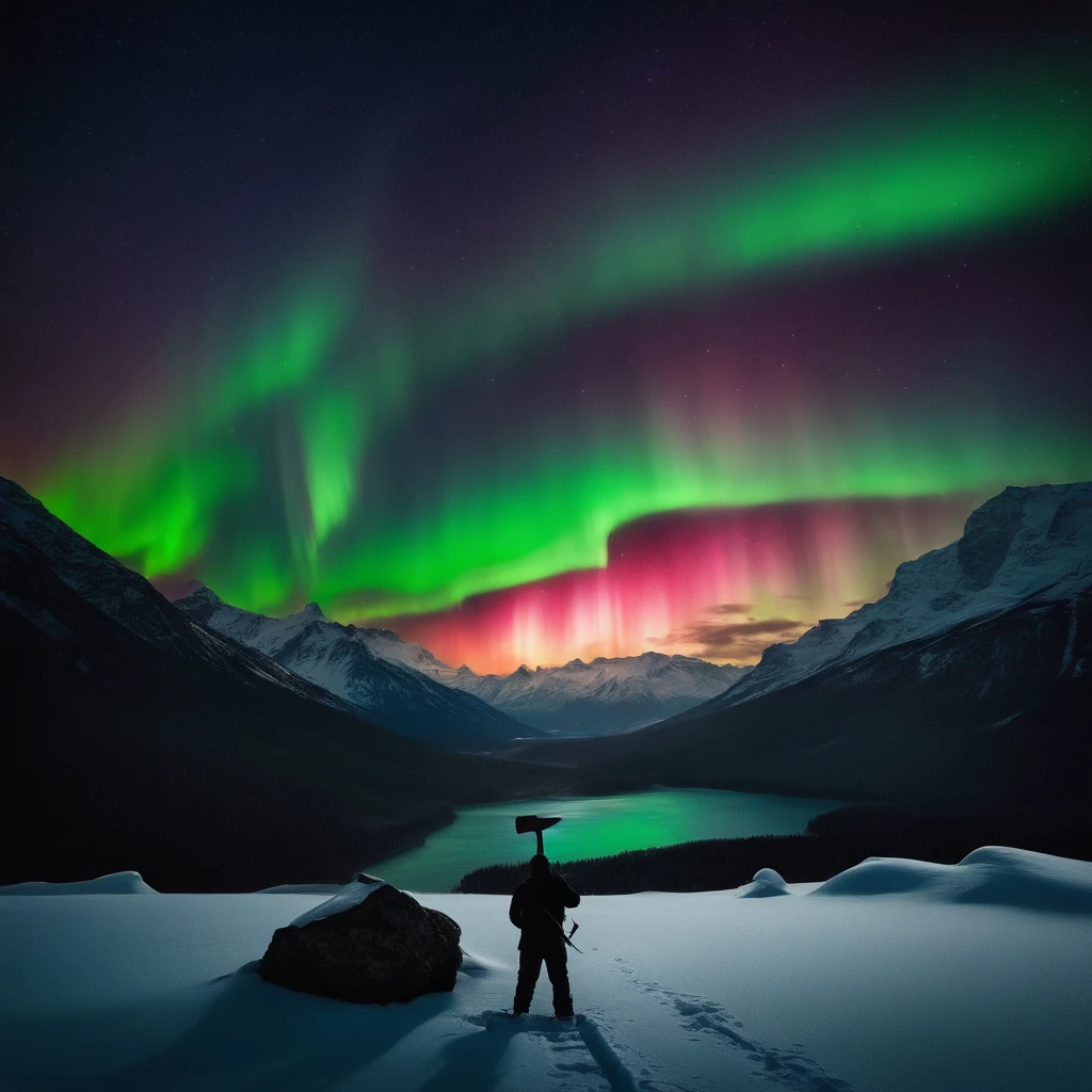 nigth, Aurora on the horizon, snow mountains, Thunder in the foreground, silhouette of man，Axe in one hand