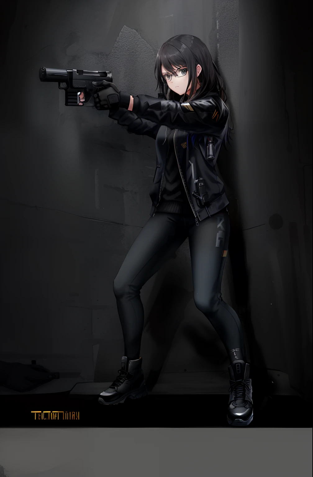 woman in black jacket holding a gun, an edgy teen assassin, shooting pose, photograph of a techwear woman, dramatic wielding gun pose, with pistol, female lead character, in an action pose, action glamour pose, full body action pose, action poses with weapons, cinematic full body shot, action pose, threatening pose, outfit: cop, hong kong city backdrop