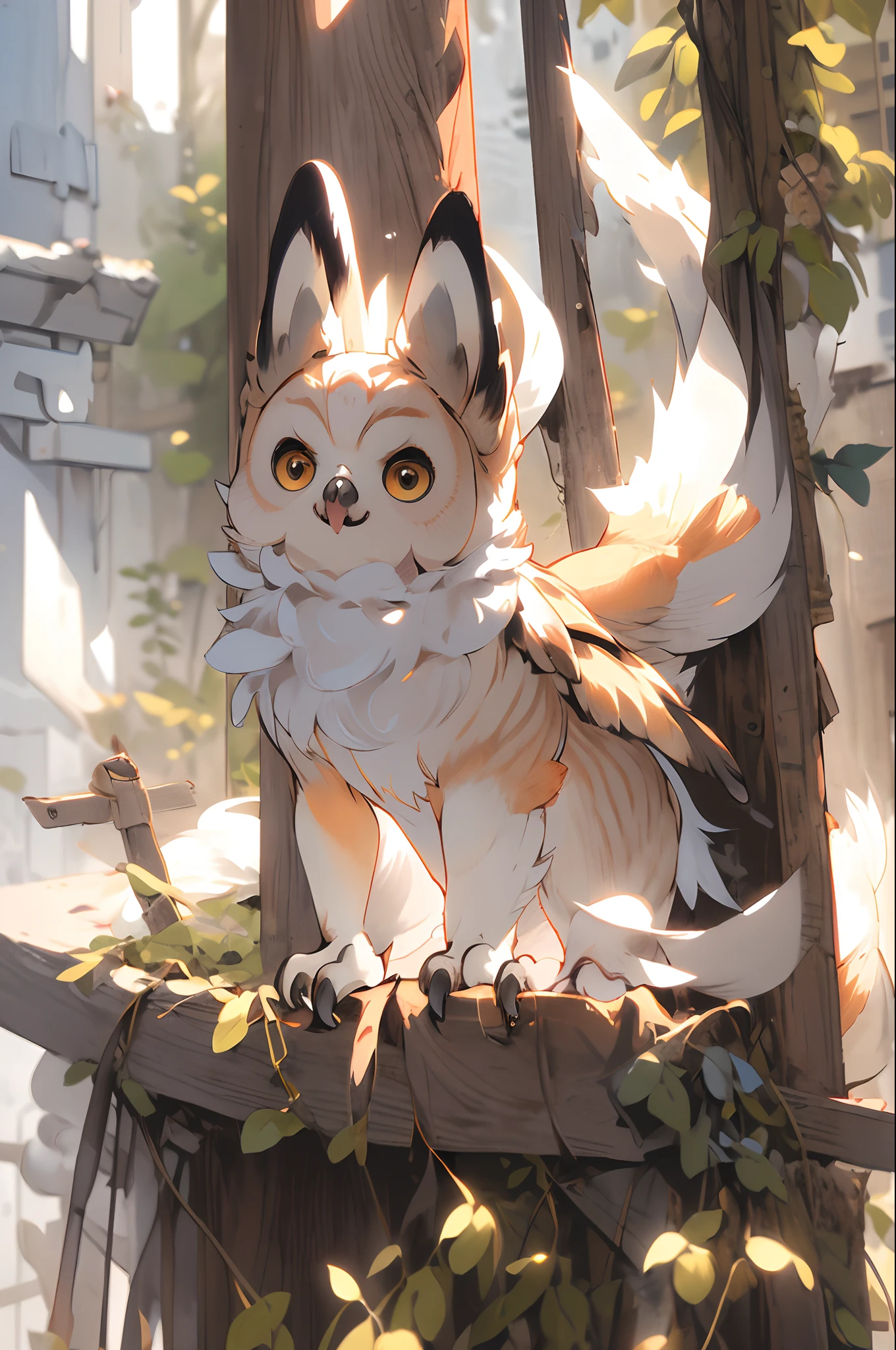 , (masterpiece:1.2), best quality,PIXIV, owl, owl and fox hybrid, fox owl, owl, white fox, hybrid, fox owl hybrid