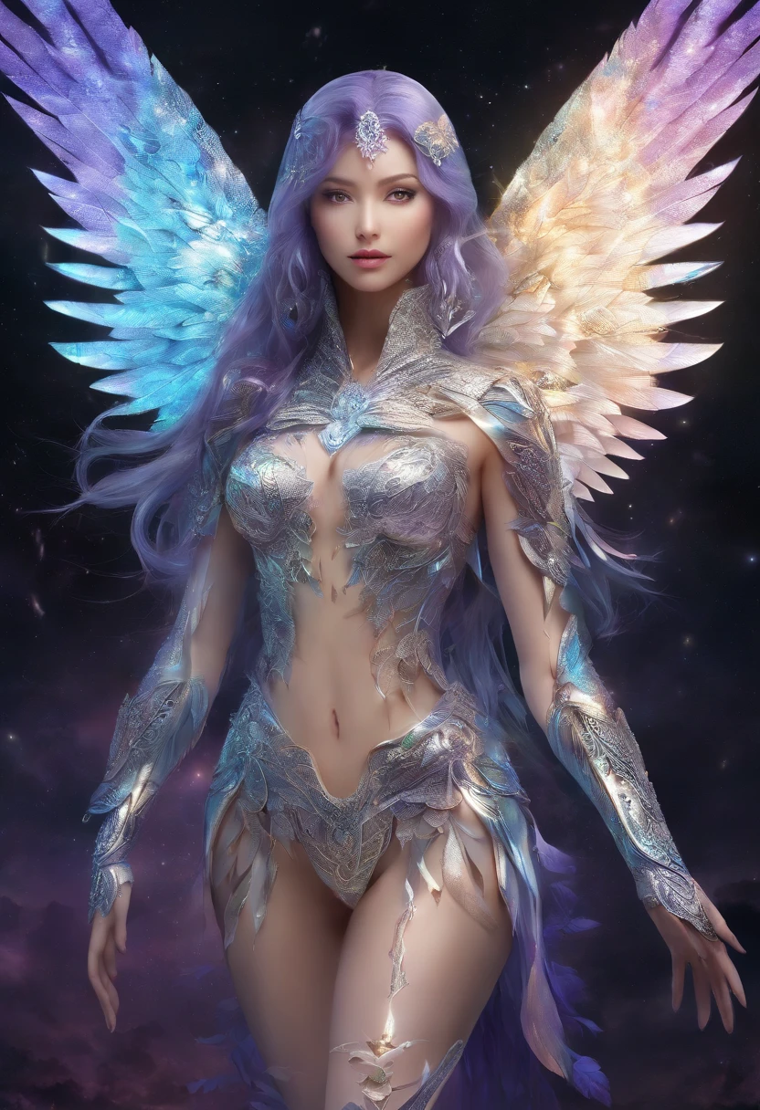 (melhor qualidade,4k,8k,Altas,master part:1.2),ultra-detalhado,(Realistic,fotorrealista,photo-realistic:1.37),Silver Amazon jumps into the air to unleash its attack, usa uma armadura de prata, longos cabelos azuis claros fluindo no ar, Gleaming cosmos coming out of hands, Noite, starly sky, estrelas brilhantes iluminando a cena, magical aura, Suaves brilhos emanados da Amazona, dynamic pose, salto no ar, conveying a sense of power and determination, cores vibrantes, armadura toda prateada detalhada e intrincada, estilo realista, Emphasis on the Amazon and its action. caucasiana. Olhos bonitos e detalhados, nariz, and lips, adding a touch of delicacy to your appearance, lighting highlighting the central figure, projetando sombras suaves ao seu redor. Olhos grandes, being a lilac and a turquoise. Lilac legging. A armadura completa.
