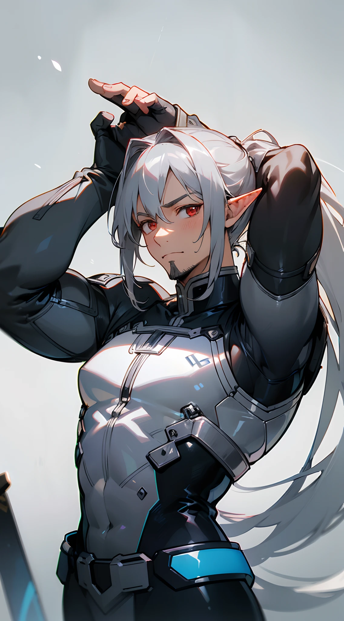 (masterpiece, best quality:1.3),beautiful detailed glow,best illuminate,(((best quality,textile shading,ultra detailed))),extremely detailed CG unity 8k wallpaper,Highly Detailed beautiful and aesthetic,best light,high resolution,detailed,dynamic lighting , mix of sword art online and futuristic style clothes , Handsome man, ((gray stubble :1.1)) , red eyes , elf ears , extremely long hair , ((silver hair)) , hair in a ponytail, lean , muscular, strong arms ,((male:2 )), age 41