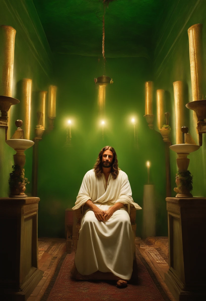 crie uma imagem realista, jesus em uma sala com macas hospitalares, uma sala branca, pessoas deitadas na maca, uma luz saindo de jesus para as pessoas nas macas, uma cor verde brilhando no ambiente