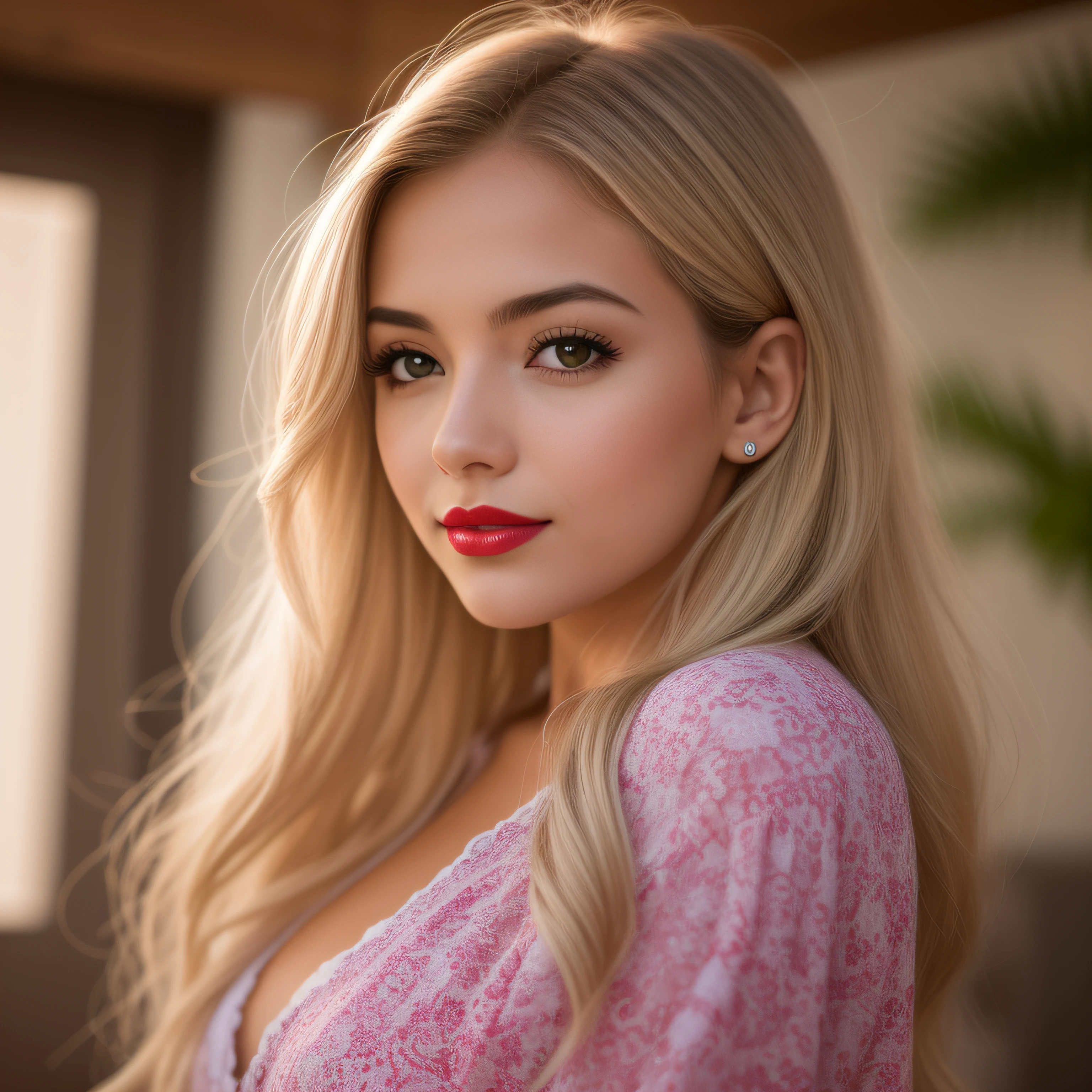 Uma mulher jovem e bonita, blonde hair that falls gently in waves up to the shoulders, altura mediana, olhos grandes e verdes, pele clara, she's in her pyjamas, ela esta em sua cama, fazendo cuidados com a pela antes de dormir, The environment is illuminated with lights of warm and pleasant colors making your hair shine, seu semblante esta naturalmente sereno, lips with red lipstick, Textura 8K, altamente detalhados, realista, soft Cinematic Light, HDR, sharp fokus, obra-prima, fotorrealista, fotografia premiada, Canon EOS R5, 35 mm