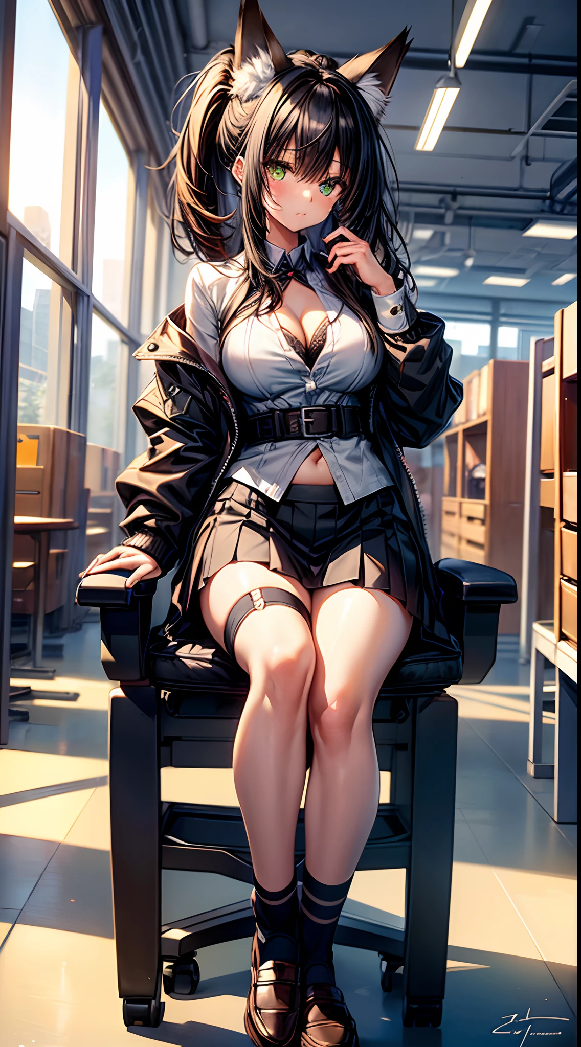 /(Modern office indoors/), (masterpiece, best quality:1.4), 1girl, solo, petite, (an extremely beautiful and delicate), green eyes, fox ears, (black fox tail:1.2),long black hair, medium hair, hair between eyes, ponytail, medium breasts, business suit,open shirt, black skirt, kneehigh socks, loafers, indoors, office, cleavage, closed_mouth, large_breasts, long_hair, looking_at_viewer, navel, signature, solo, posing,thighs, tall female, on back, narrow waist, naughty face, flustered, surprised,(masterpiece, best quality:1.4),high quality, highly detailed,detailed,perfect,sitting, on chair,