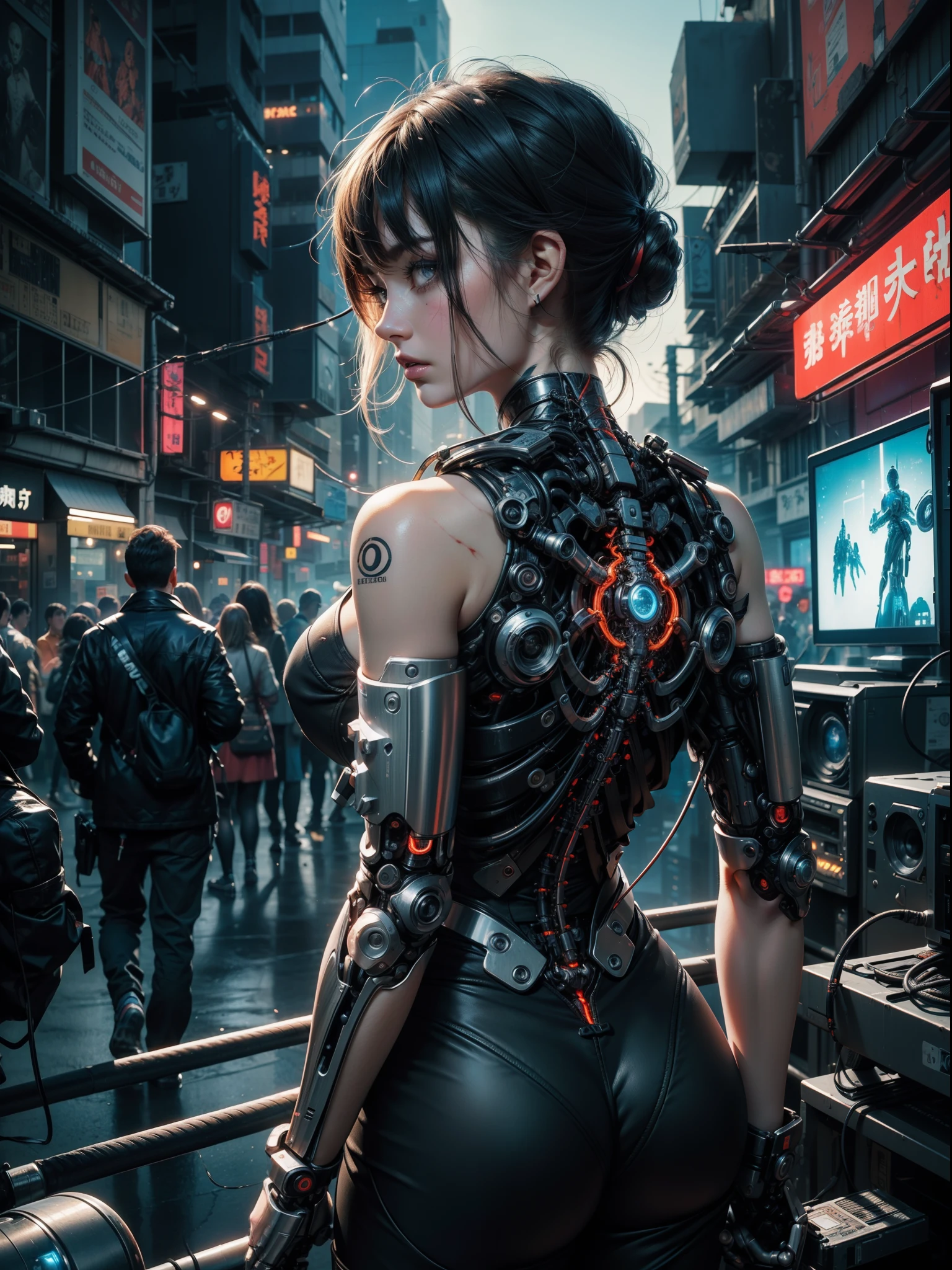 ((1 cybernetic girl)) (mechanical made limbs s:1.2),((mechanical limbs)),(blood vessels connected to tubes),(mechanical vertebra attaching to back),((mechanical cervical attaching to neck)),expressionless,(wires and cables attaching to neck:1.2),(wires and cables on head:1.2),(character focus), (((masterpiece))), (((best quality))), ((ultra-detailed)), (highly detailed CG illustration), ((an extremely delicate and beautiful)),cinematic ,science fiction,extreme detailed,colorful,highest detailed, loongs,fengs, cyberpunk city background.