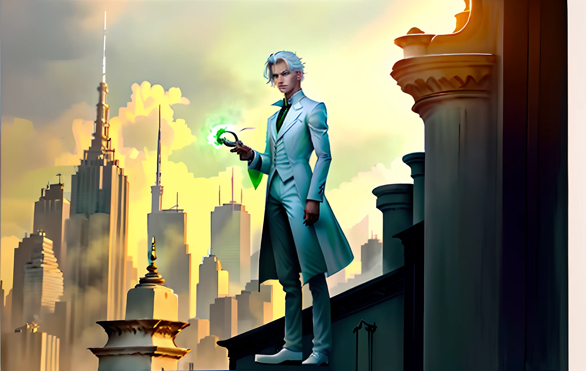 A magician dressed in white and green stood on the roof of the building，Handsome face，White color hair，Green eyes，Holds a wand in his left hand，Behind him are the city's high-rise buildings