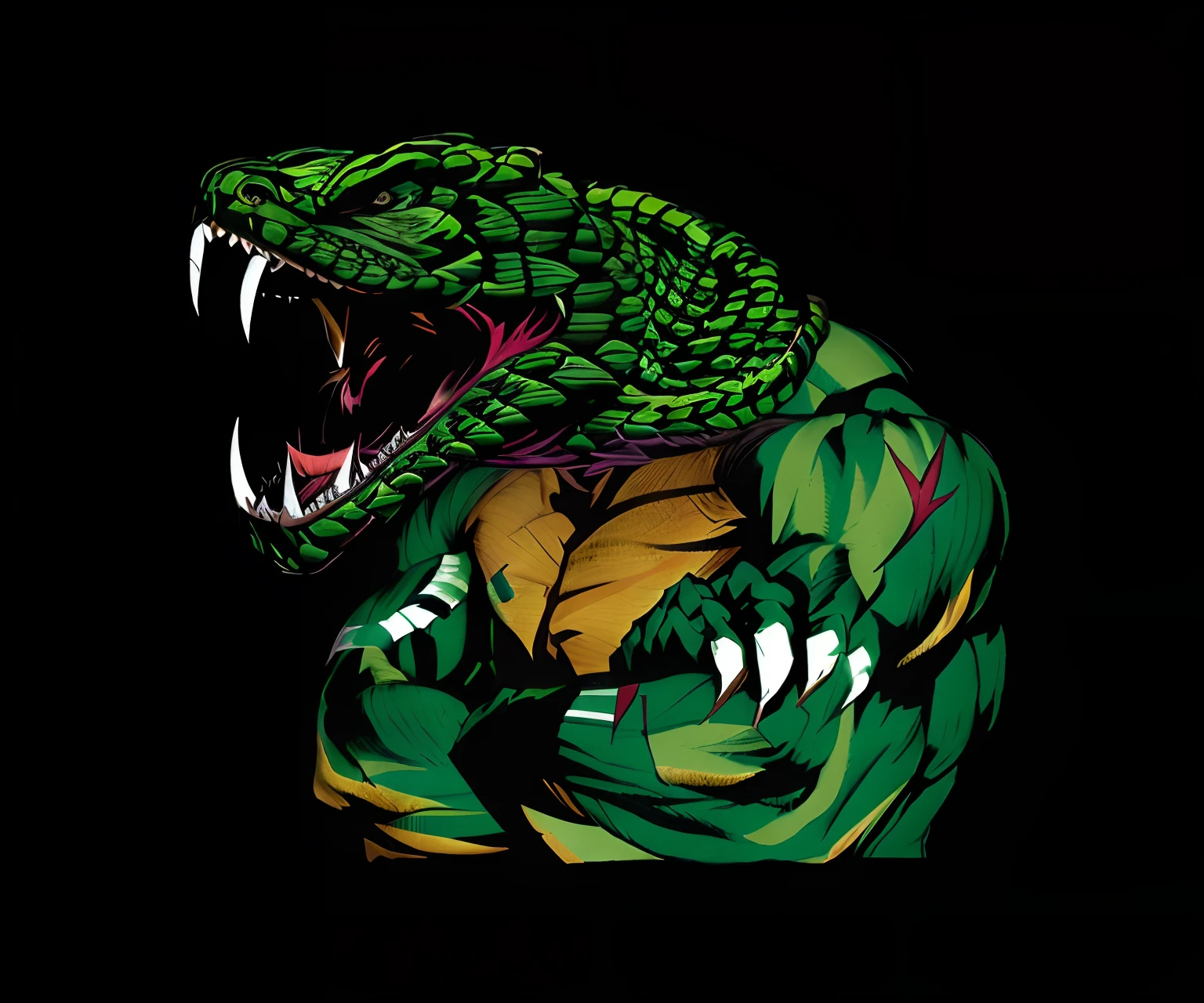 human muscle mutant with snake head, He has his arms crossed and his claws sharp, the body is full of green schemes