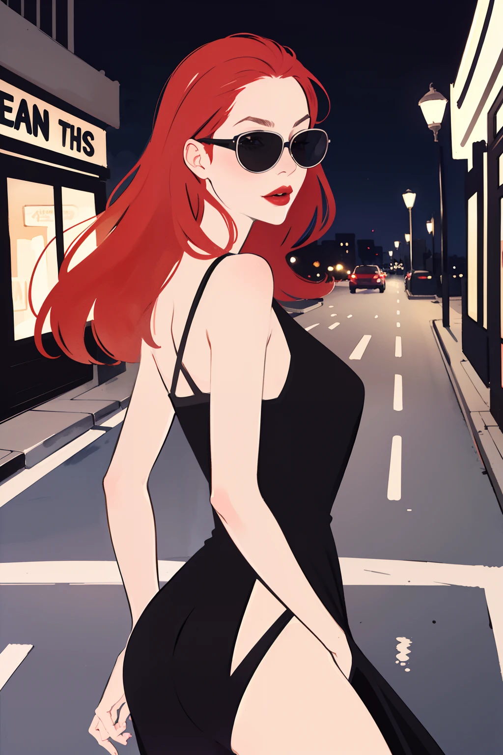 (masterpiece:1.2, best quality), 1girl, 18yo, bottomless, naked pussie, black dress, ginger hair, femme fatale, noir, red lipstick, night, dark, 1930s city street, anime minimalist, watercolor