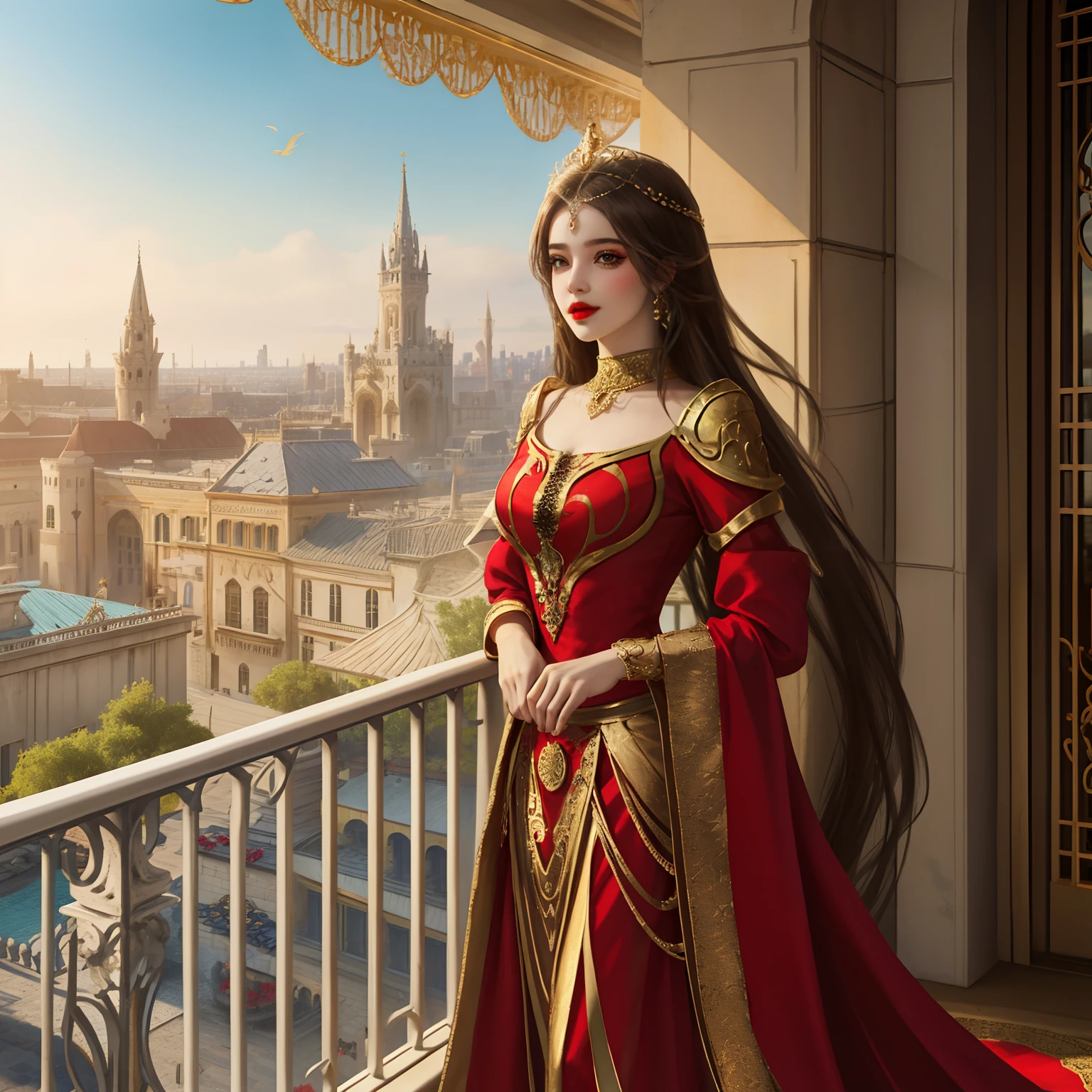 araffe woman in red dress standing on a balcony with a city in the background,palace ornate decorations, a beautiful fantasy empress, glamourous look