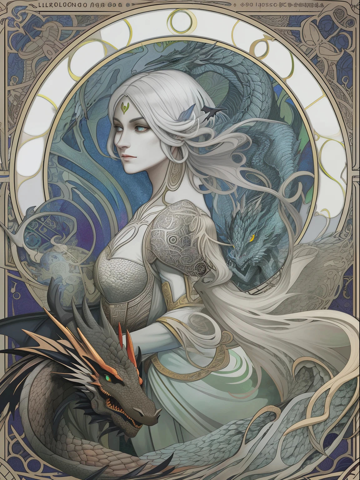 (flat heart:1.1),(Colouring:1.3),(master part:1.2), best quality, master part, Original, 1 very detailed wallpaper of a white-haired drow with a three-headed black dragon，fundo negro，tarot card layout，best quality, master part, (Realistic:0.6), realistic lighting,Quadro de fogo negro， decorative panels， abstract art， Alphonse Mucha （tmasterpiece， melhor qualidade， A high resolution： 1.4）， um detalhado， Detalhes complicados， 4k，azul， arte de linha， Fibonacci