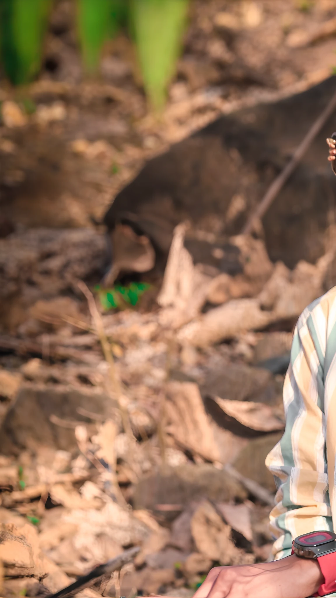 arafed man sitting on a rock in a forest, wearing stripe shirt, shot on sony a 7, cinematic outfit photo, casual photography, shot on canon eos r 5, shot on canon eos r5, shot with sigma f/ 4.2, stylish pose, shot with sigma f / 4. 2, sitting in a colorful forest, with a cool pose